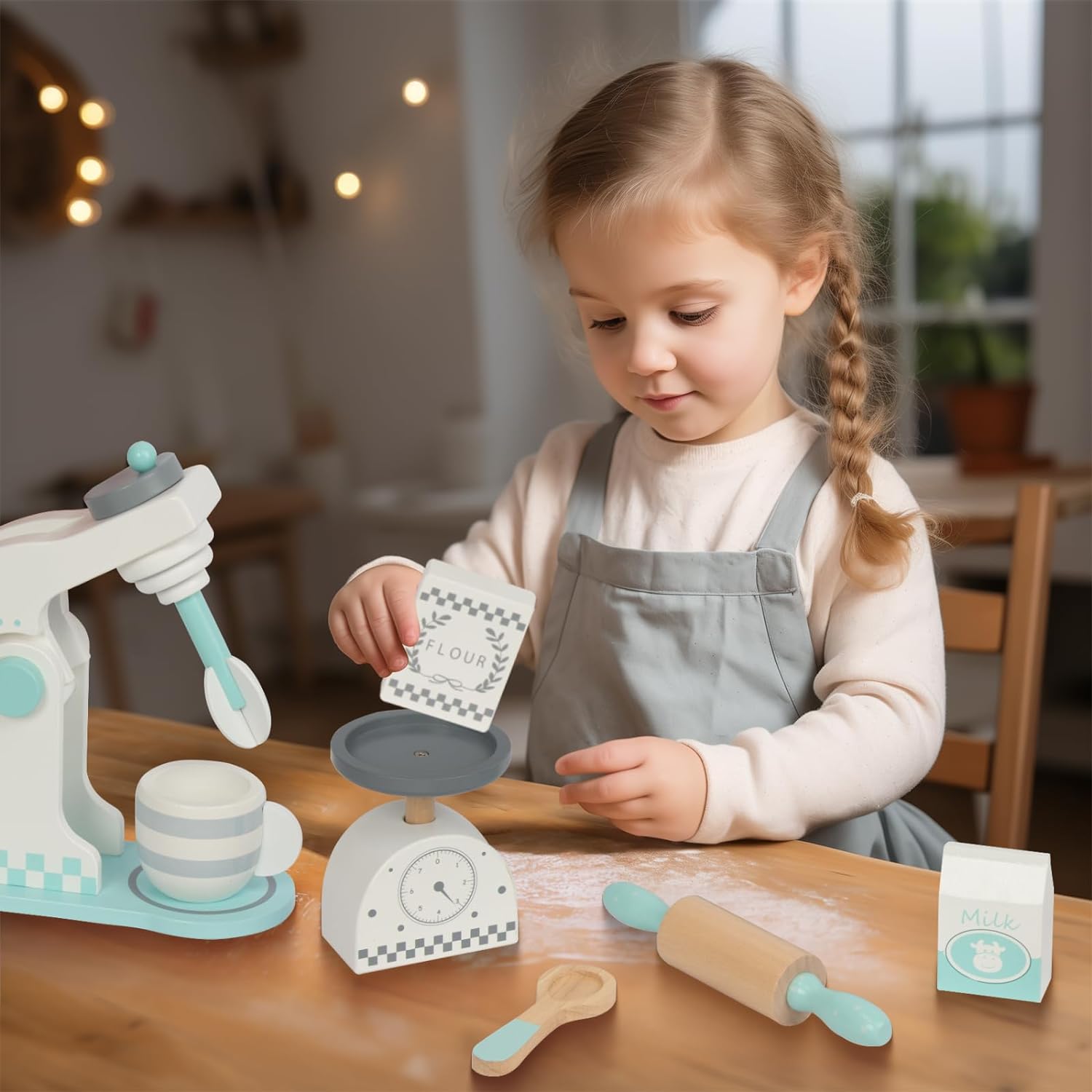 Wooden Play Kitchen Accessories, 12Pcs Toy Mixer Set, Pretend Play Food Sets for Boys Girls - Includes Scale, Rolling Pin, Cookies, Sugar, Flour