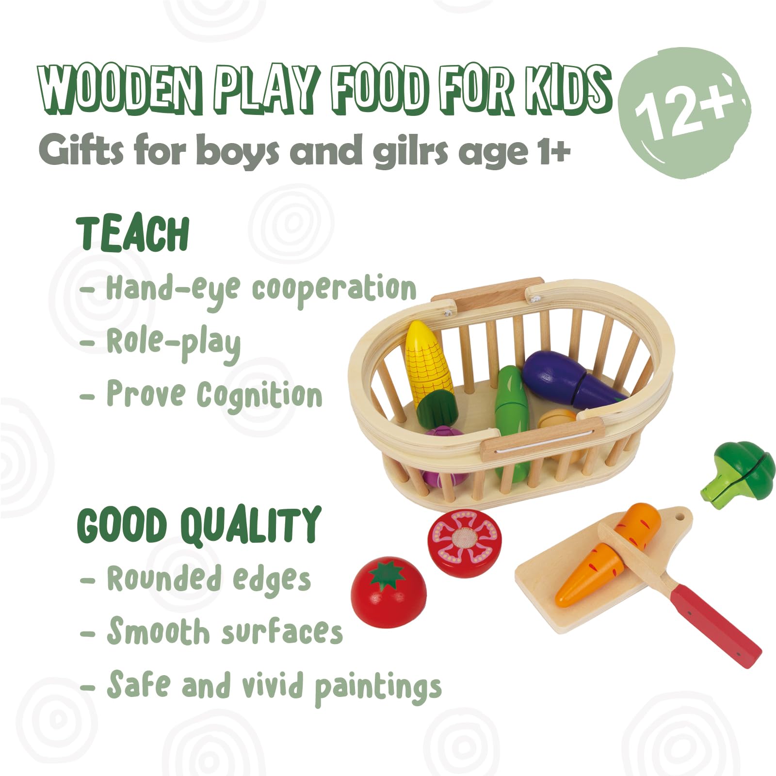 Wooden Play Food for Kids Kitchen, 38PCS Cutting Fruits Toys for Toddlers Pretend Vegetables Gift for Boys Girls Educational Toys (Fruit Bucket)