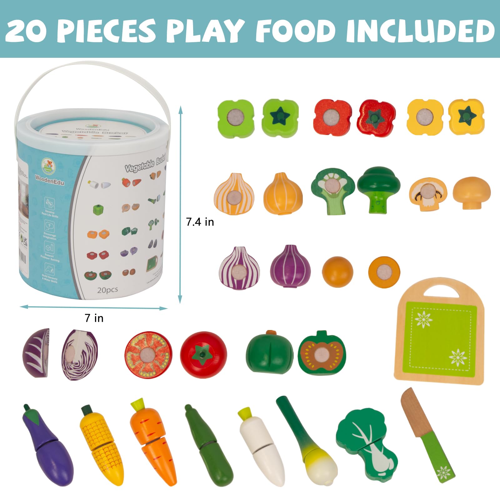 Wooden Play Food for Kids Kitchen, 38PCS Cutting Fruits Toys for Toddlers Pretend Vegetables Gift for Boys Girls Educational Toys (Fruit Bucket)