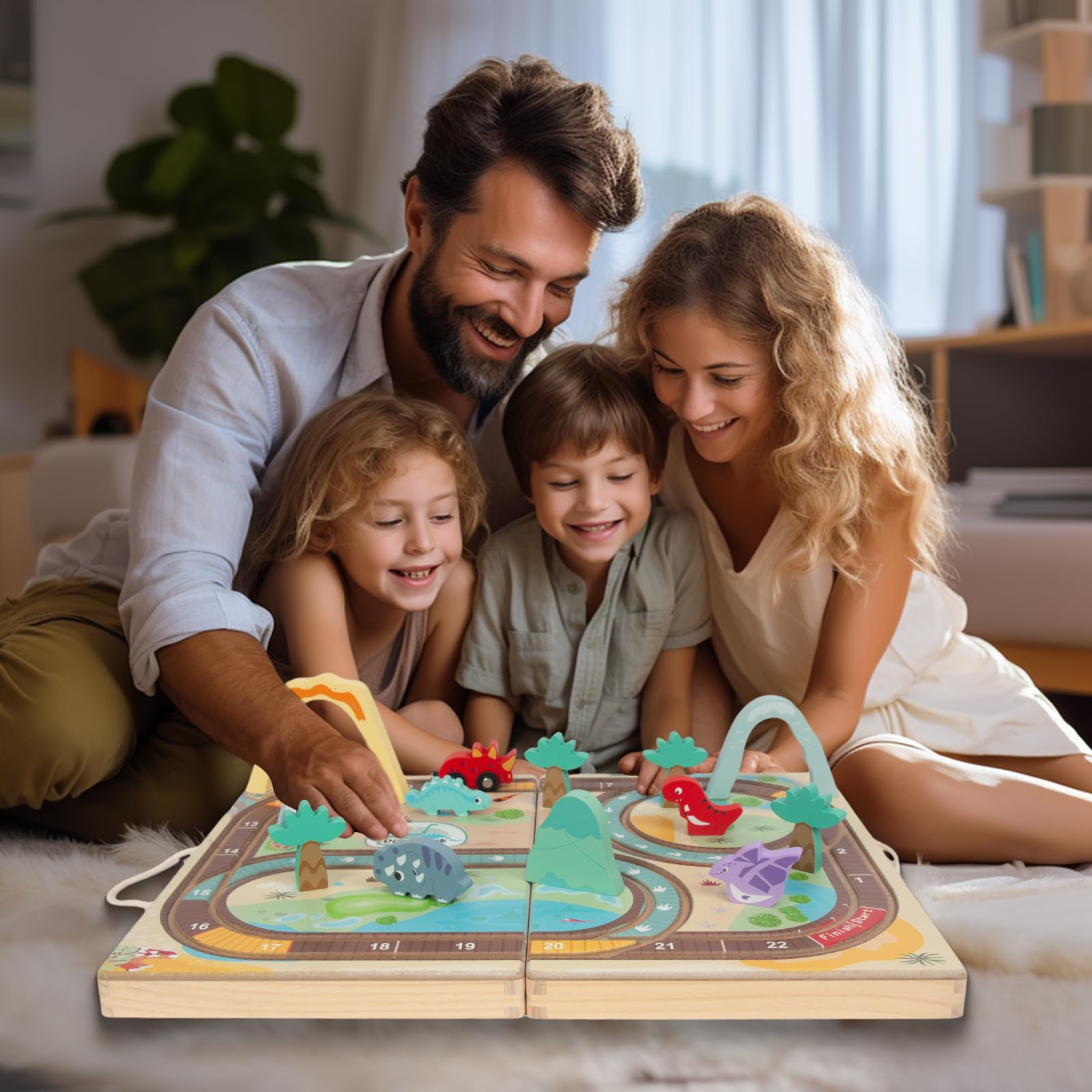 Wooden Train Set Toys for Toddlers, Wooden Dinosaur Train Set for Kids Age 3+, Portable Durable Train Chess Toys for Travel with 3 Trains 5 Dinosaurs for Kids