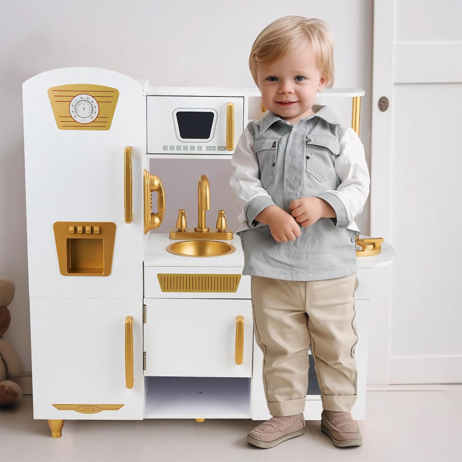 Kitchen Playset for Kids Ages 3-8, Wooden Pretend Play Kitchen, Incloud Telephone, Ice Maker, Refrigerator, Dimensions: 35” H x 31” W x 12” D (White)