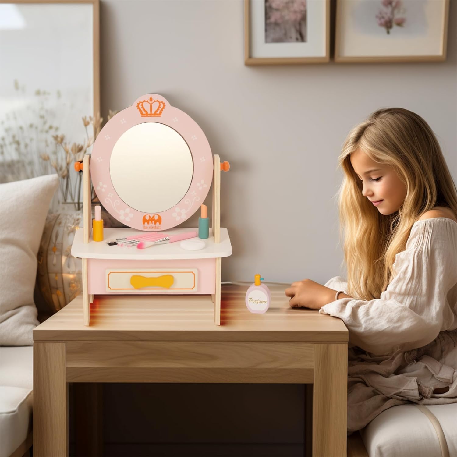 Wooden Vanity Set for Kids, Pretend Play Toddler Makeup Vanity Table Toys with 360° Rotatable Mirror, Beauty Salon Set Includes Makeup Accessories, Little Girls Gift Age 3+