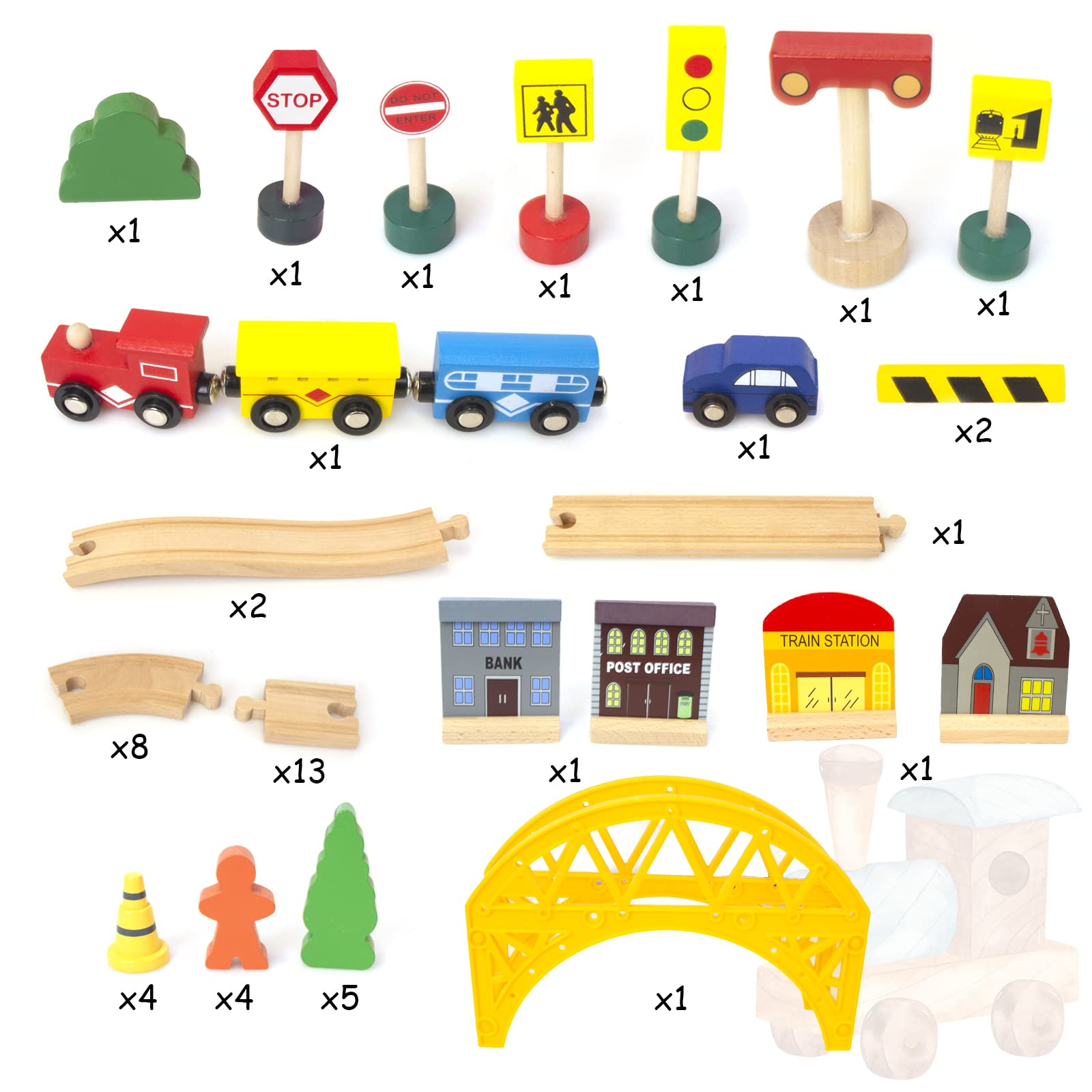 60Pcs Train Set for 3 Year Old Boys, Double-Side Wooden Train Set Tracks for Toddlers, Fits Brio, Thomas, Melissa and Doug, Kids Wood Train Toys for 3 4 5 Year Old Boys and Girls (Yellow)