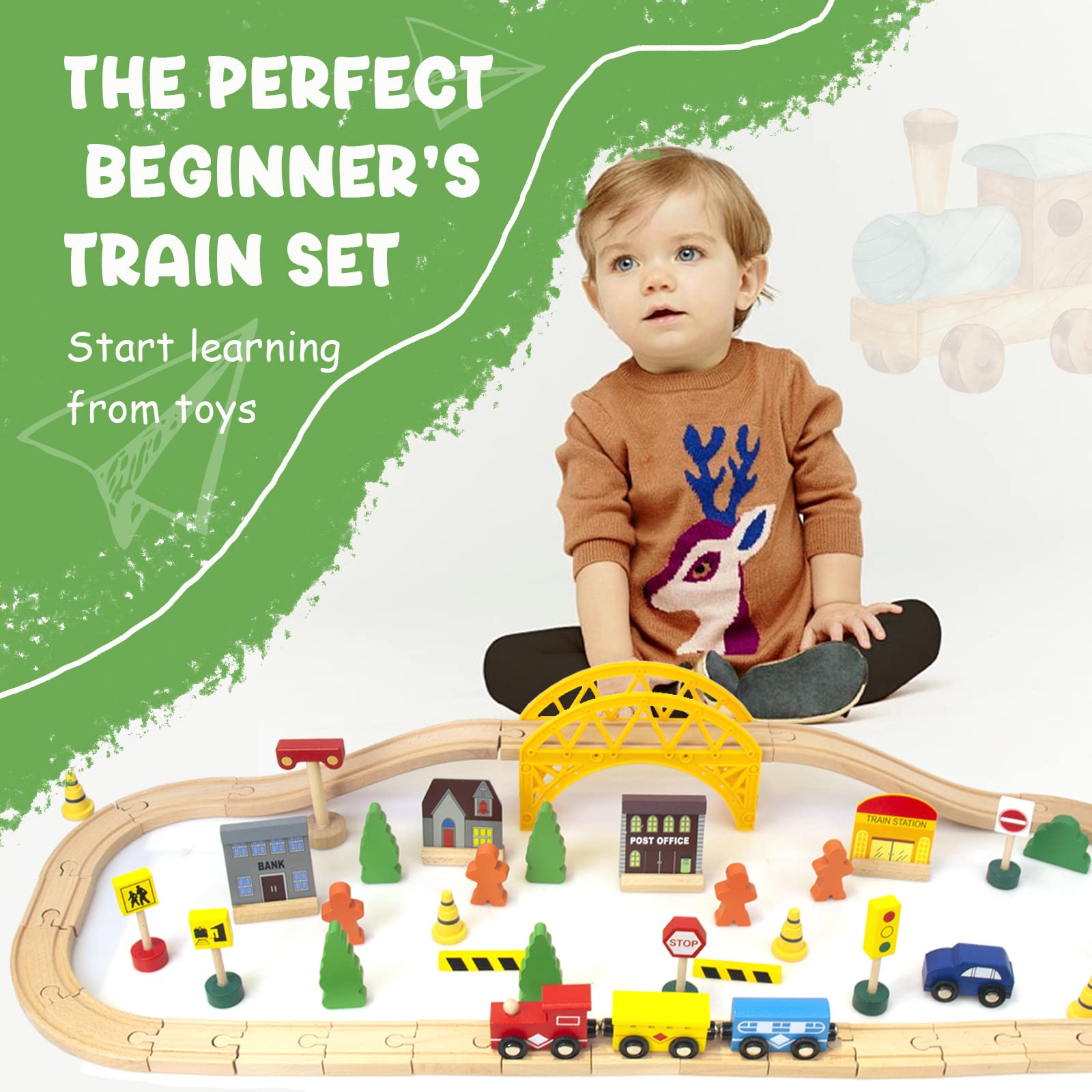 60Pcs Train Set for 3 Year Old Boys, Double-Side Wooden Train Set Tracks for Toddlers, Fits Brio, Thomas, Melissa and Doug, Kids Wood Train Toys for 3 4 5 Year Old Boys and Girls (Yellow)