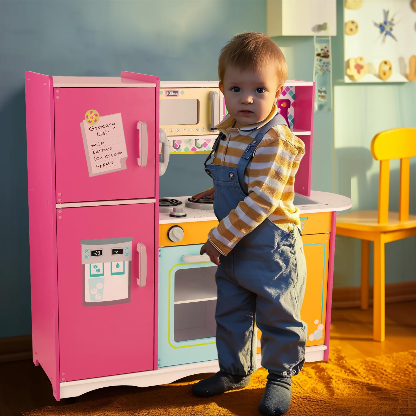 Kitchen Playset for Kids Ages 3-8, Wooden Pretend Play Kitchen, Incloud Telephone, Ice Maker, Refrigerator, Dimensions: 35” H x 31” W x 12” D (Multicolored)