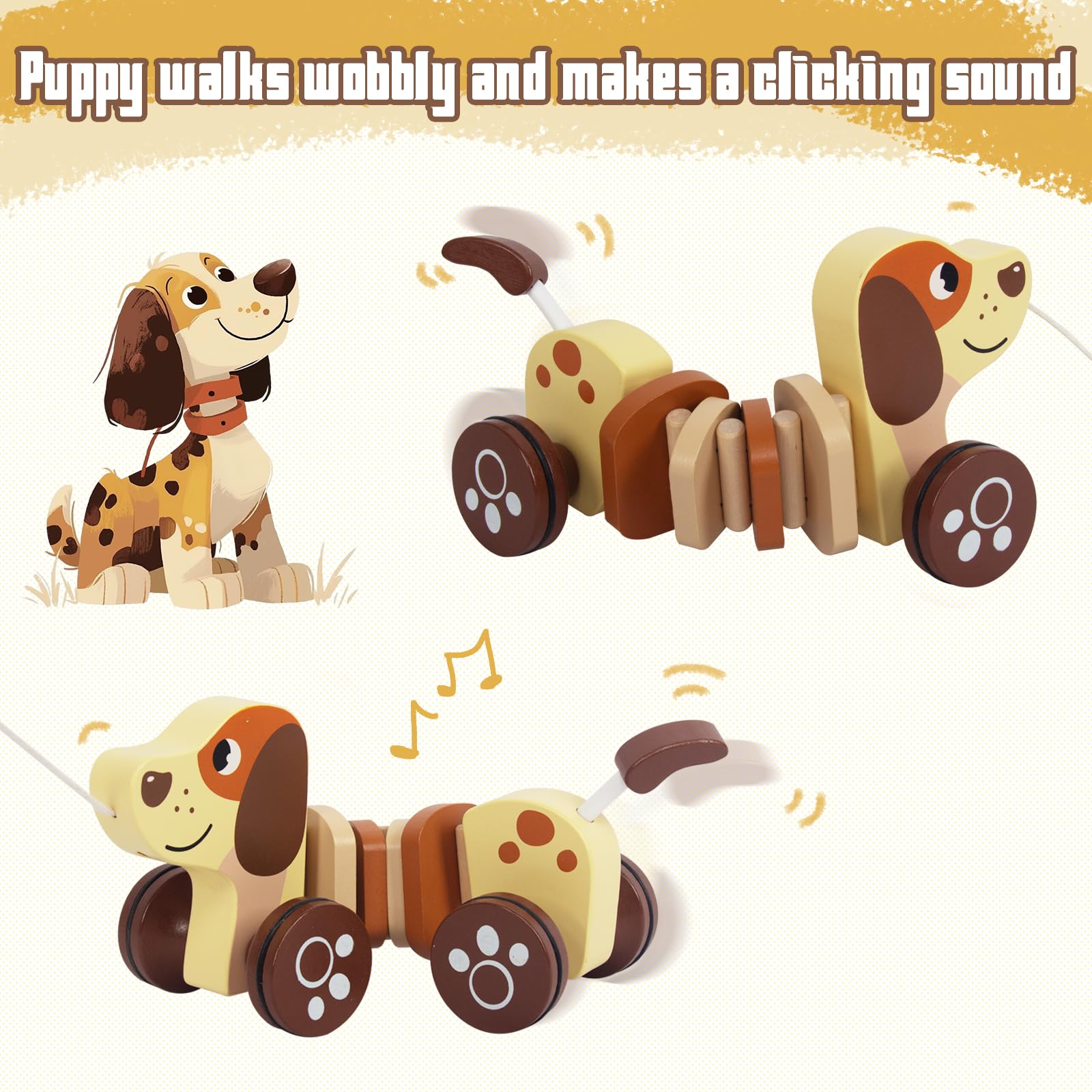 Baby Toys Car,Wooden Pull Along Toddler Toy, Developmental Toy for 1 Year Old Girl Boy Birthday Gift (Dog)