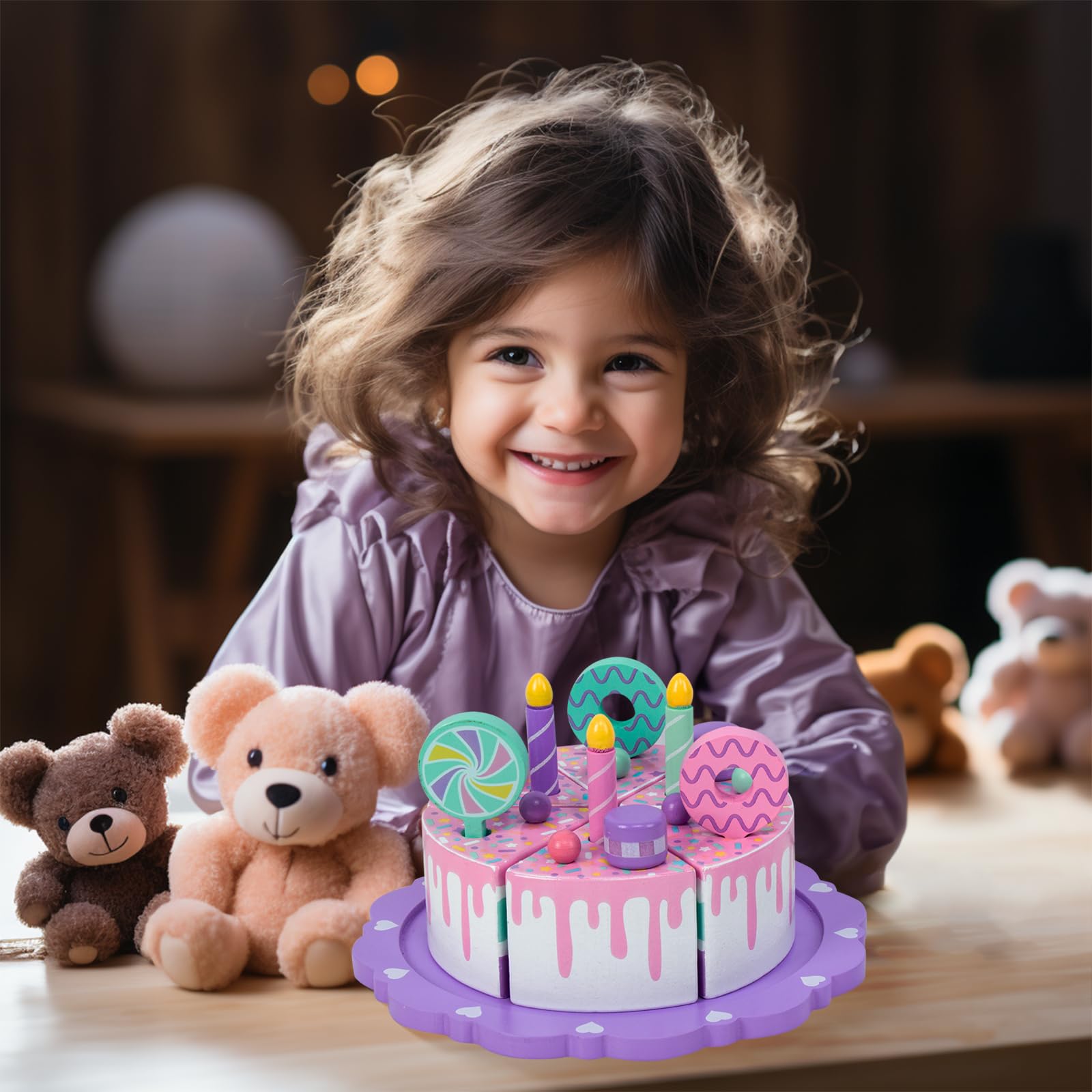 Pretend Play Food for Toddlers 1-3,Wooden Birthday Fake Cake with Candles and Numbers,Tea Party Learning Kitchen Gift Toys for Boys Girls (Rainbow Cake)