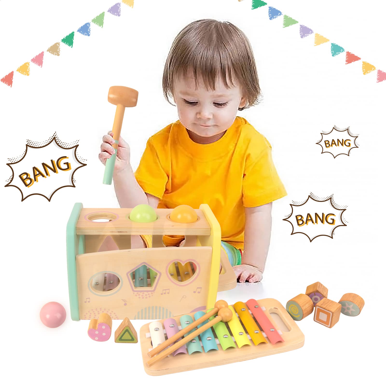 Hammering Pounding Toys Wooden Educational Toy Xylophone Shape Sorter, Birthday Gift for 1 2 3 Years Boys Girls Baby Toddler Kids Developmental Montessori Learning Toy (Yellow)