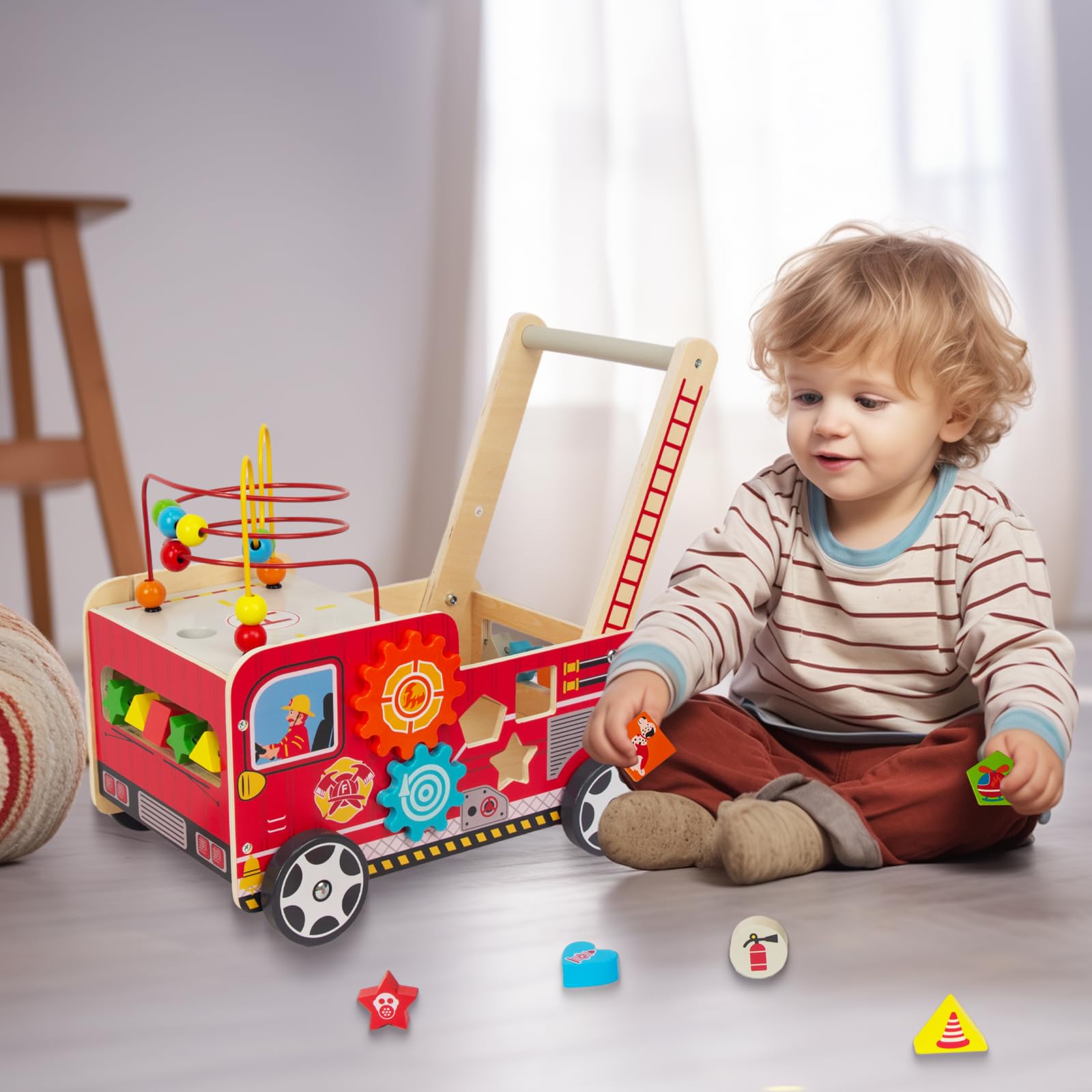 Wooden Baby Walker with Bead Maze for 1 Year Old and up, Wooden Push Toy for 12 Month, Wooden Cart with Blocks