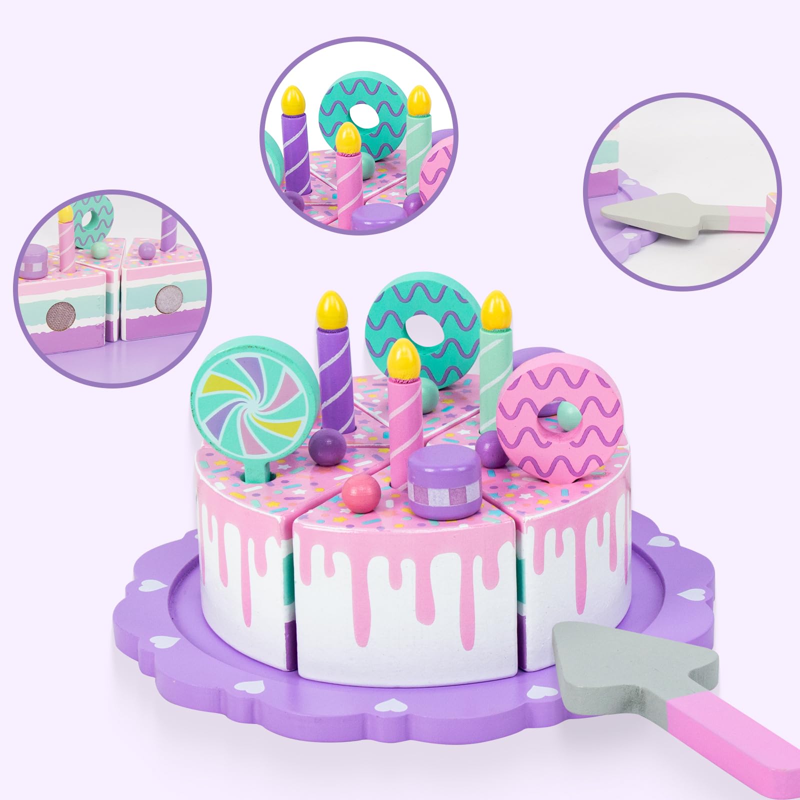 Pretend Play Food for Toddlers 1-3,Wooden Birthday Fake Cake with Candles and Numbers,Tea Party Learning Kitchen Gift Toys for Boys Girls (Rainbow Cake)