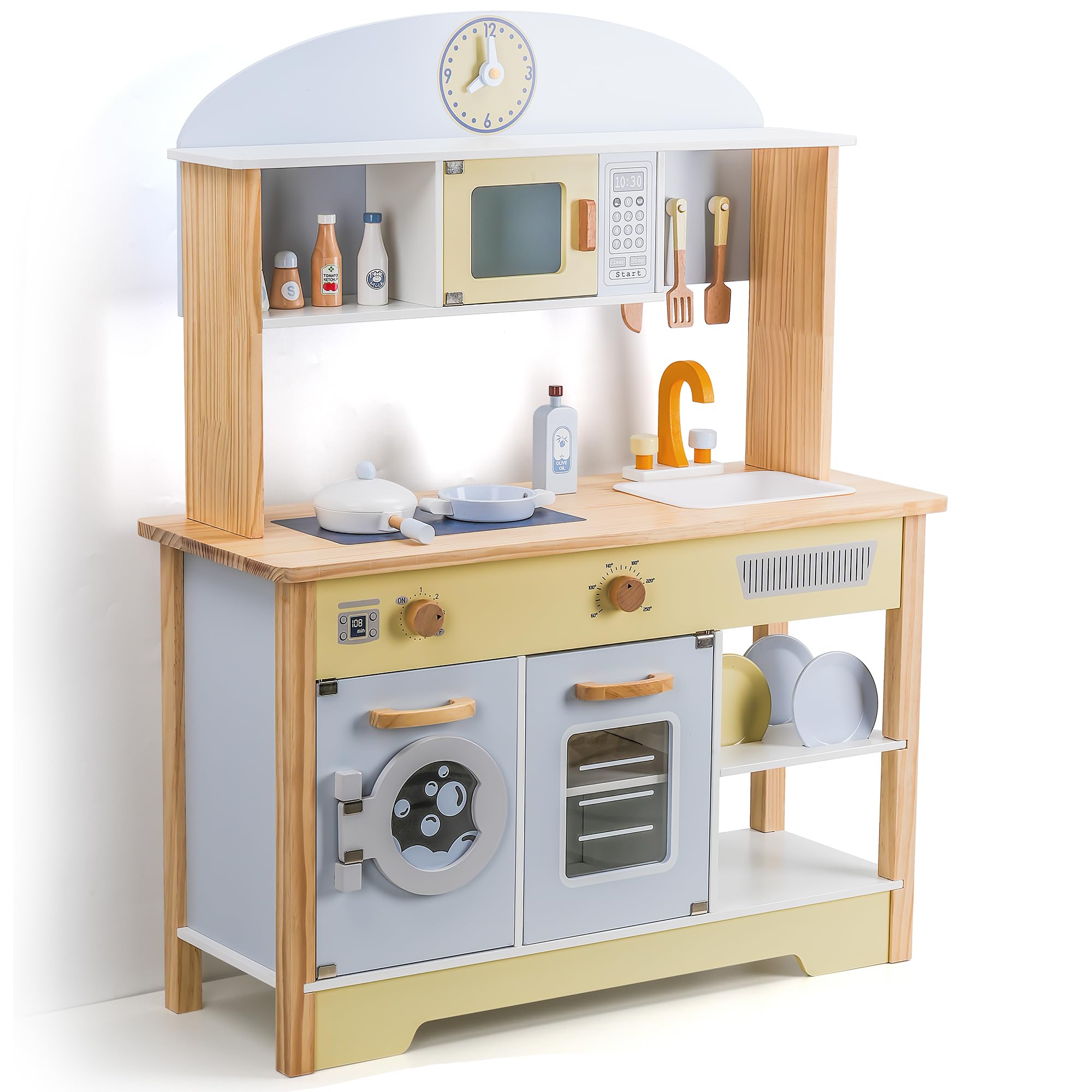 Kitchen Playset for Kids Ages 3-8, Wooden Pretend Play Kitchen with Cooking Accessories and Cutting Play Food, Including Oven, Stove, Faucet, and Sink, Dimensions: 38” H x 29” W x 12” D