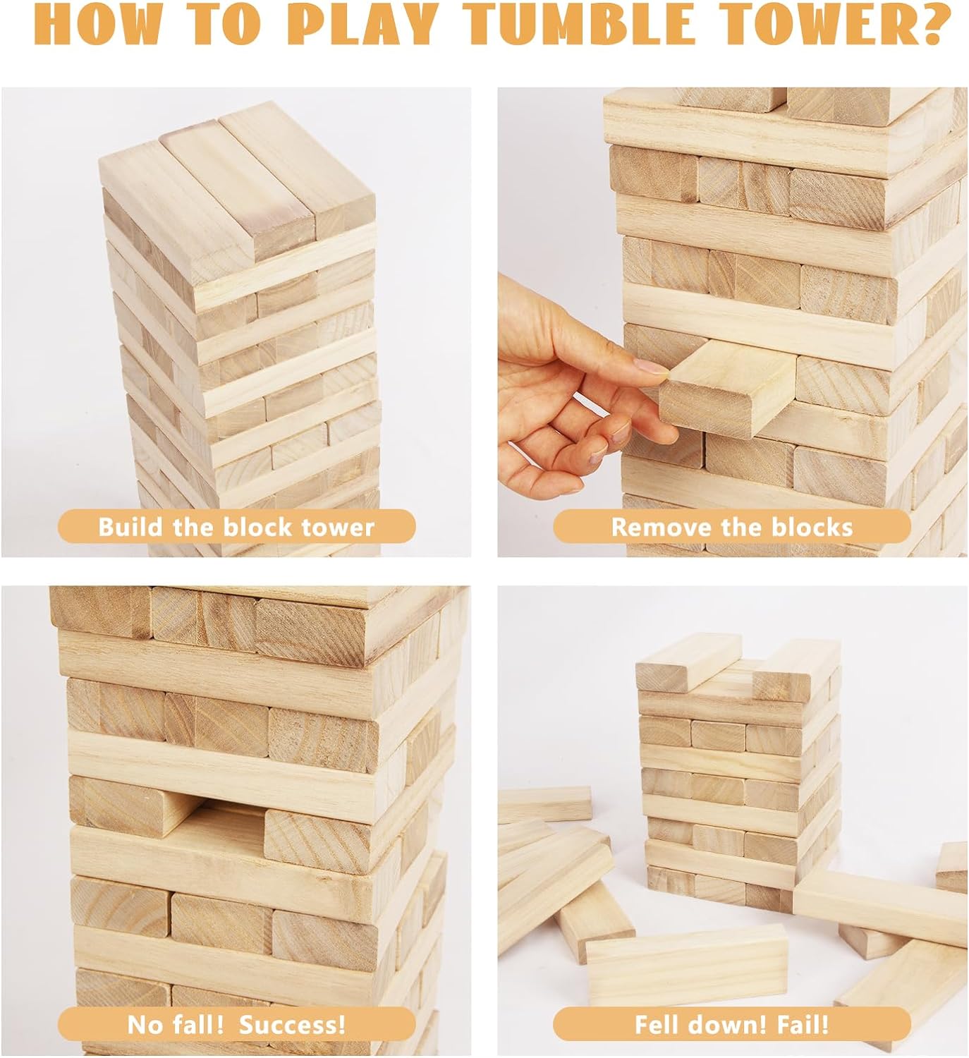 Large Wooden Tumbling Tower Game, Stack to Over 18 in 57pcs Jumbo Yard Games Outdoor Timber Stacking Game Night Toy Gift for Kids Adults Family