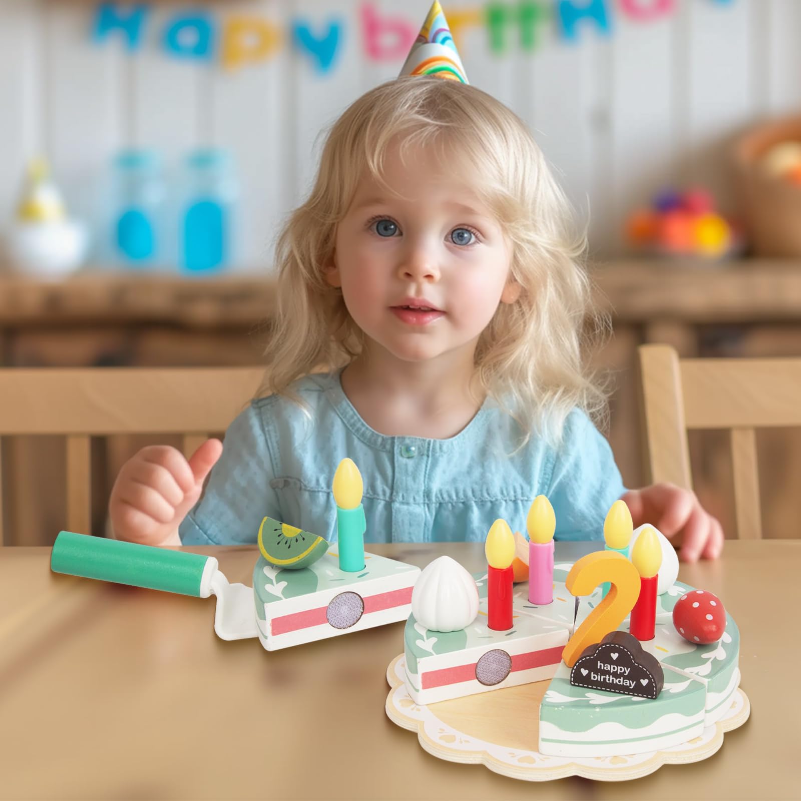 Pretend Play Food for Toddlers 1-3,Wooden Birthday Fake Cake with Candles and Numbers,Tea Party Learning Kitchen Gift Toys for Boys Girls (Rainbow Cake)