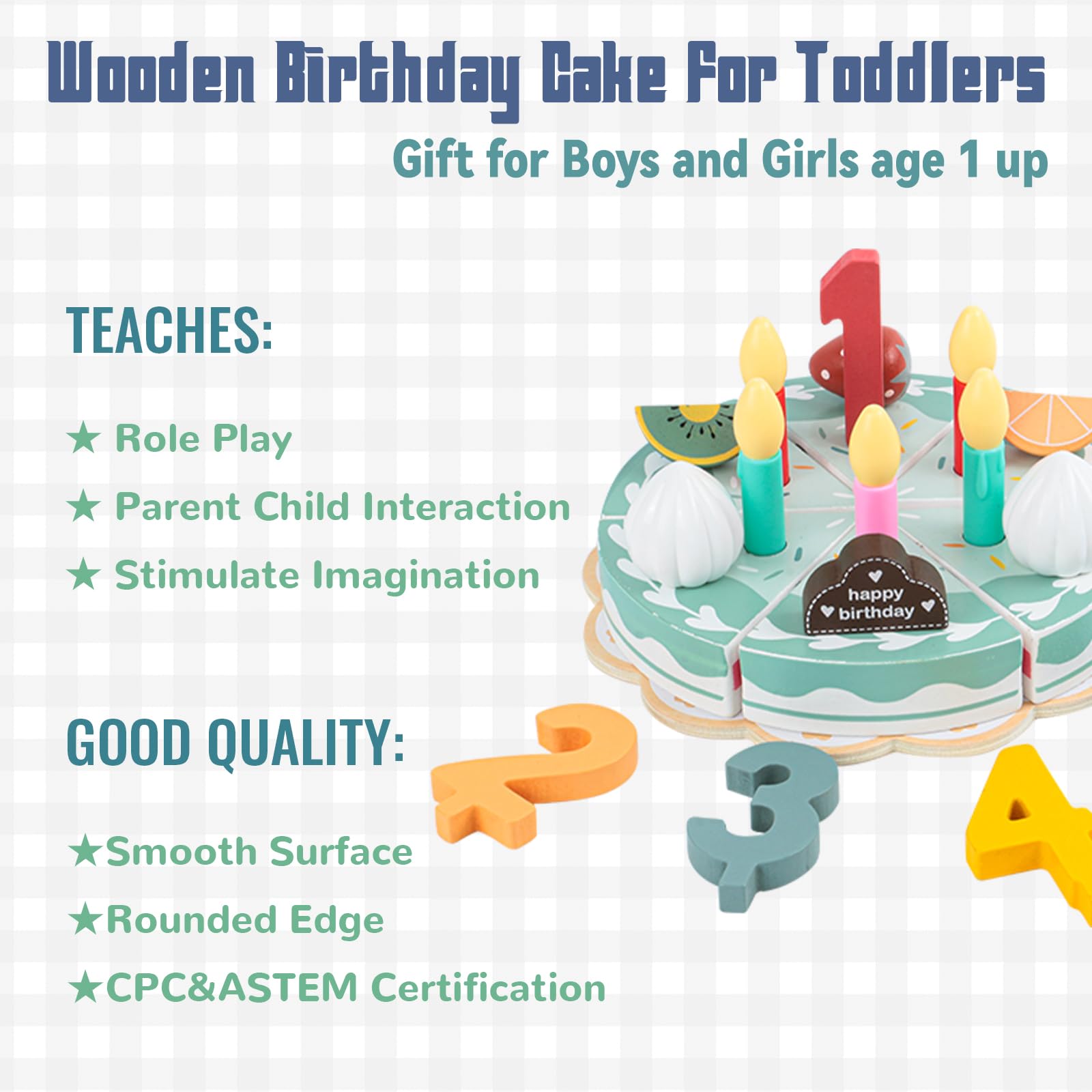 Pretend Play Food for Toddlers 1-3,Wooden Birthday Fake Cake with Candles and Numbers,Tea Party Learning Kitchen Gift Toys for Boys Girls (Rainbow Cake)