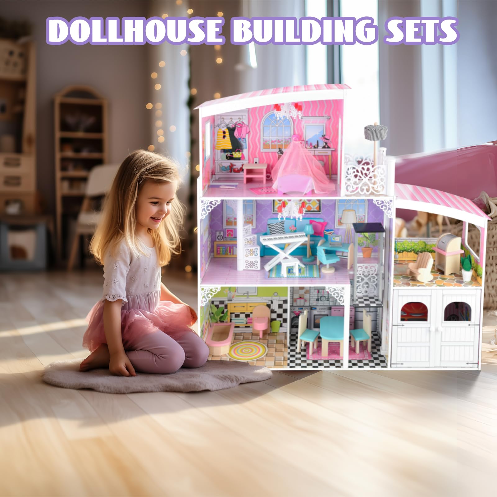 Wooden Dollhouse with Furniture for Kids Girls, Toys for 3 4 5 6 Years Old (Style 2)