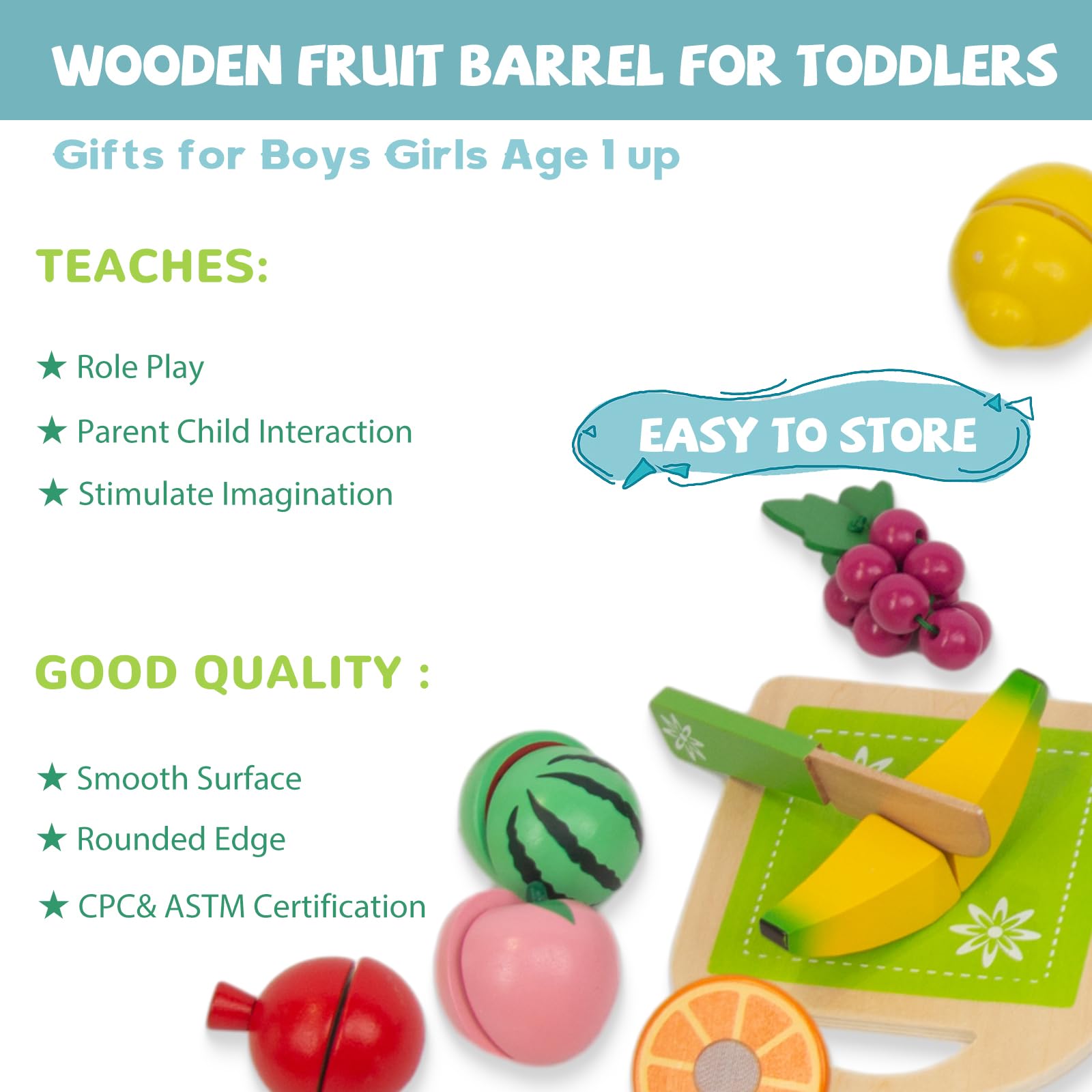 Wooden Play Food for Kids Kitchen, 38PCS Cutting Fruits Toys for Toddlers Pretend Vegetables Gift for Boys Girls Educational Toys (Fruit Bucket)