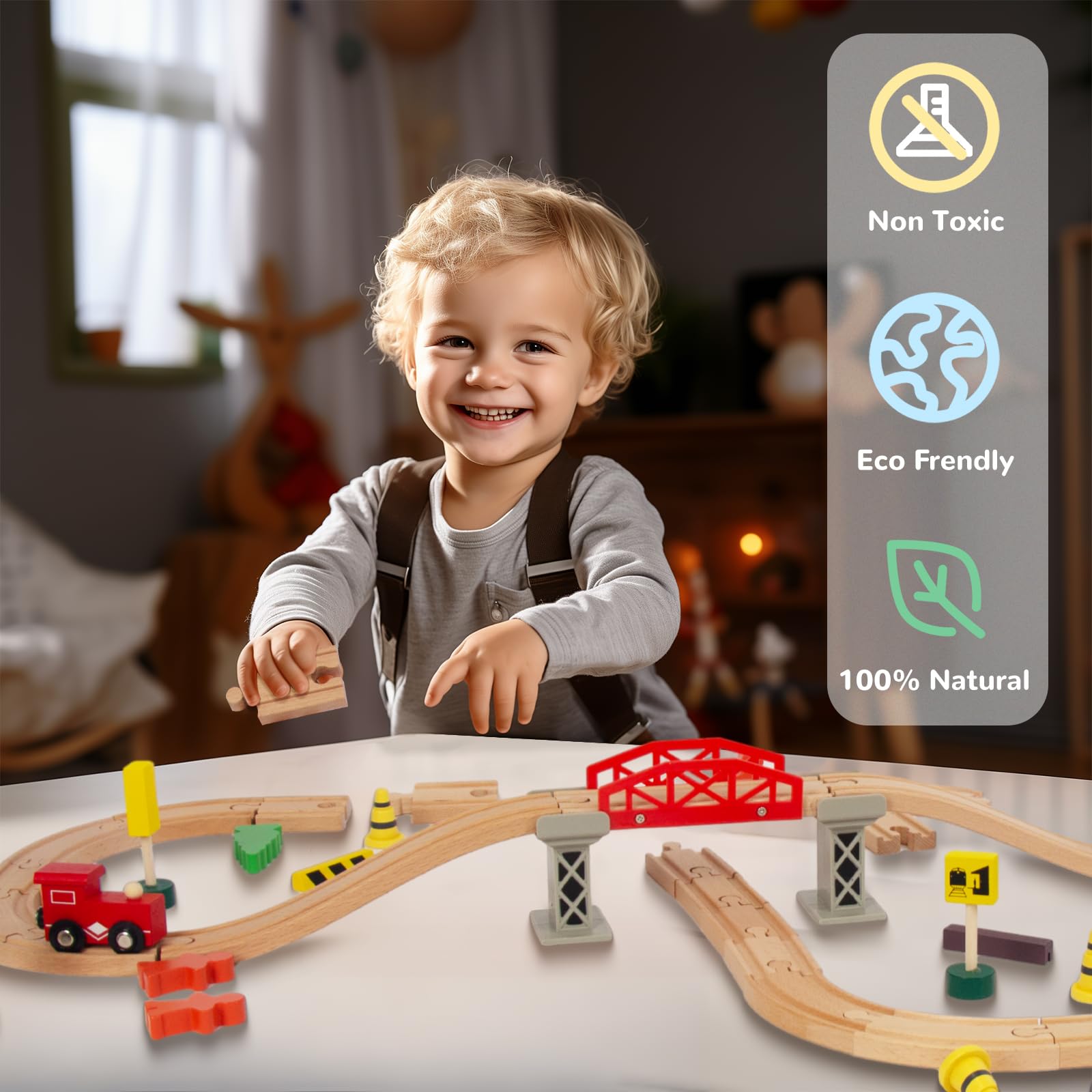 60Pcs Train Set for Toddlers, Bridge & Double-Side Wooden Train Set Tracks, Fits Brio, Thomas, Melissa and Doug, Kids Gift Toys for 3 4 5 Years Old Boys Girls