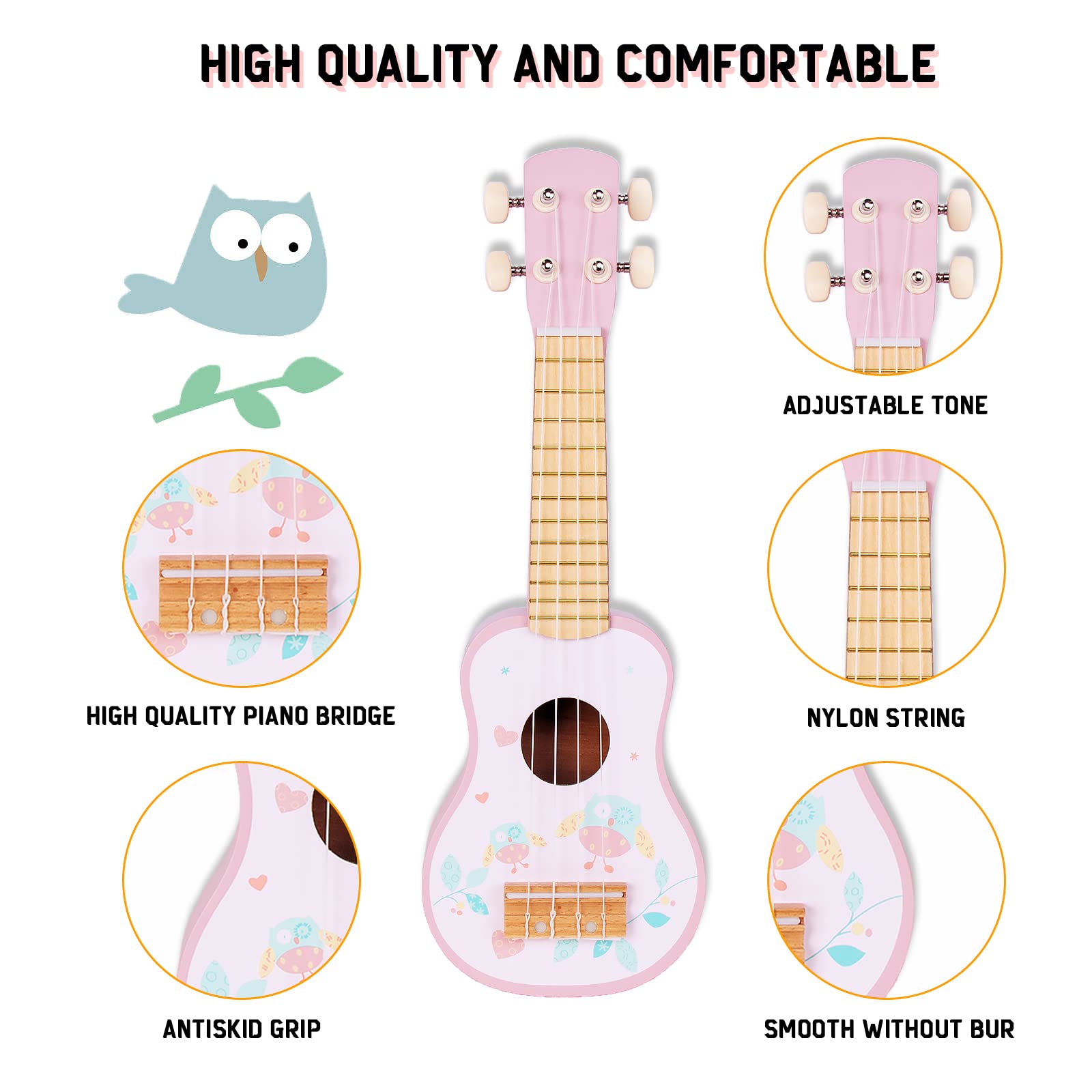 WoodenEdu Pink Guitar, Wooden Musical Instruments Toys with Ukulele, Tambourine, Maracas, Harmonica