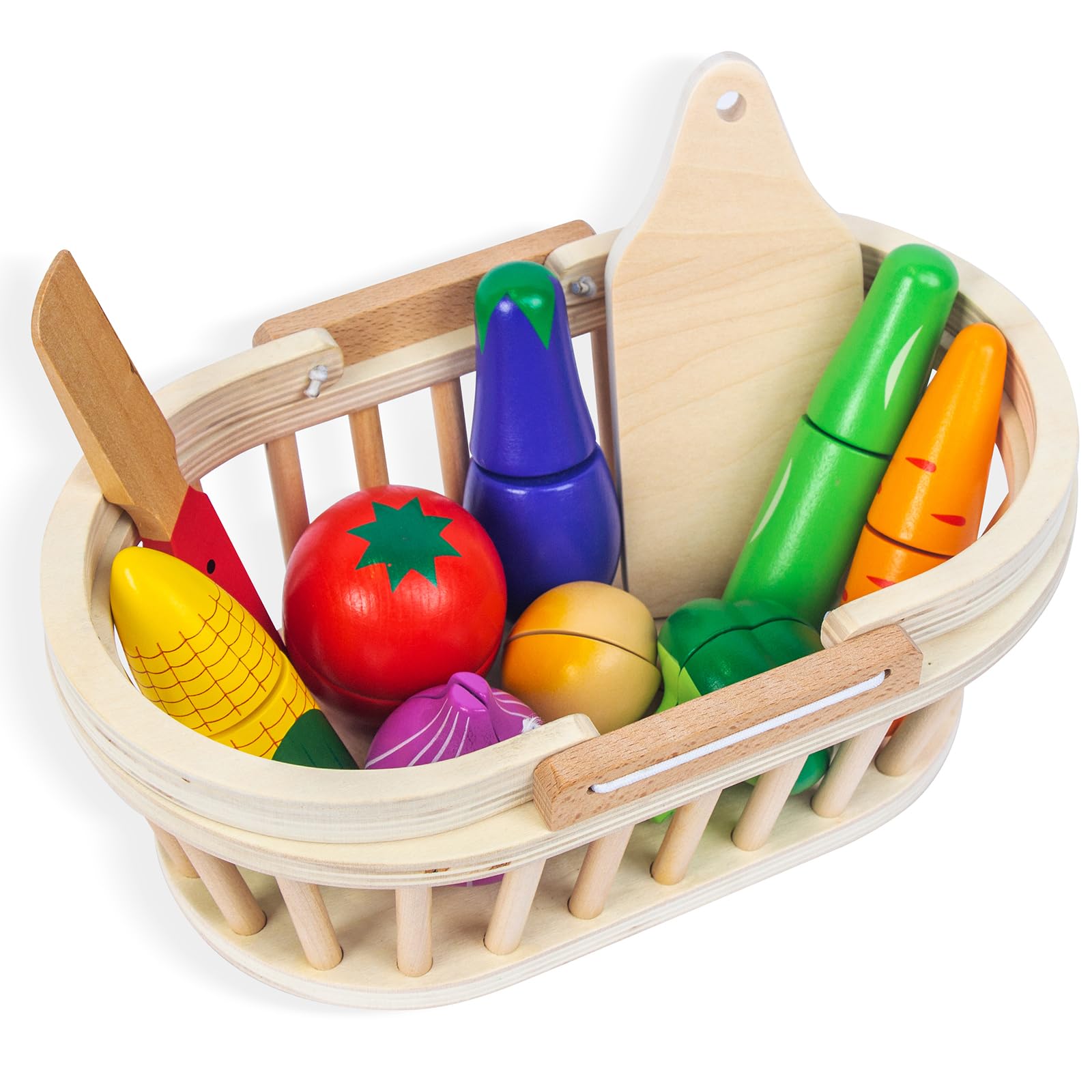 Wooden Cutting Fruits Vegetables Set for Kids, Pretend Play Food Toy Set with Wooden Knife, Tray and Basket for Boys Girls (Fruit Basket)