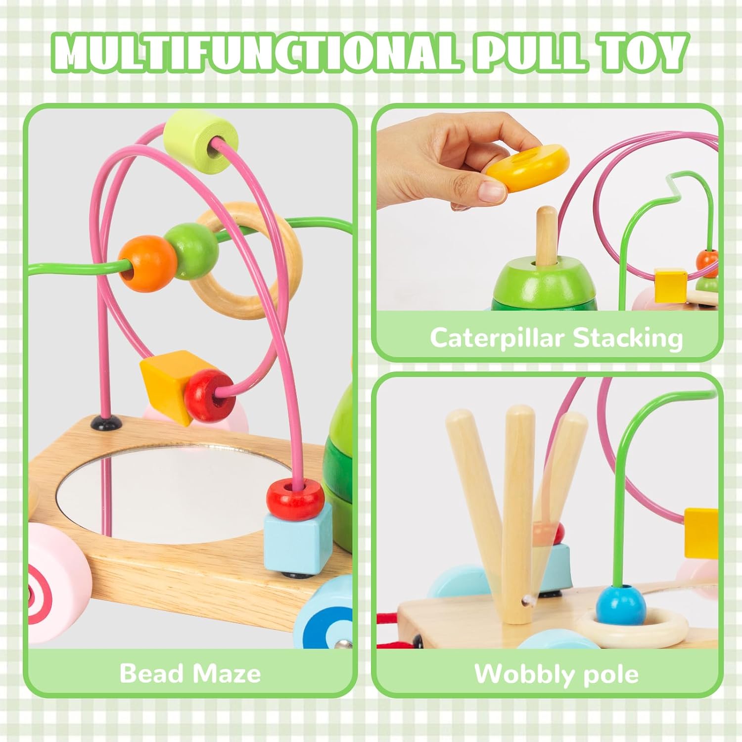 Baby Pull Car, Wooden Educational Pull Along Toddler Toys Car, Learing Toy for Girls Boys 1 2 3 Year Old