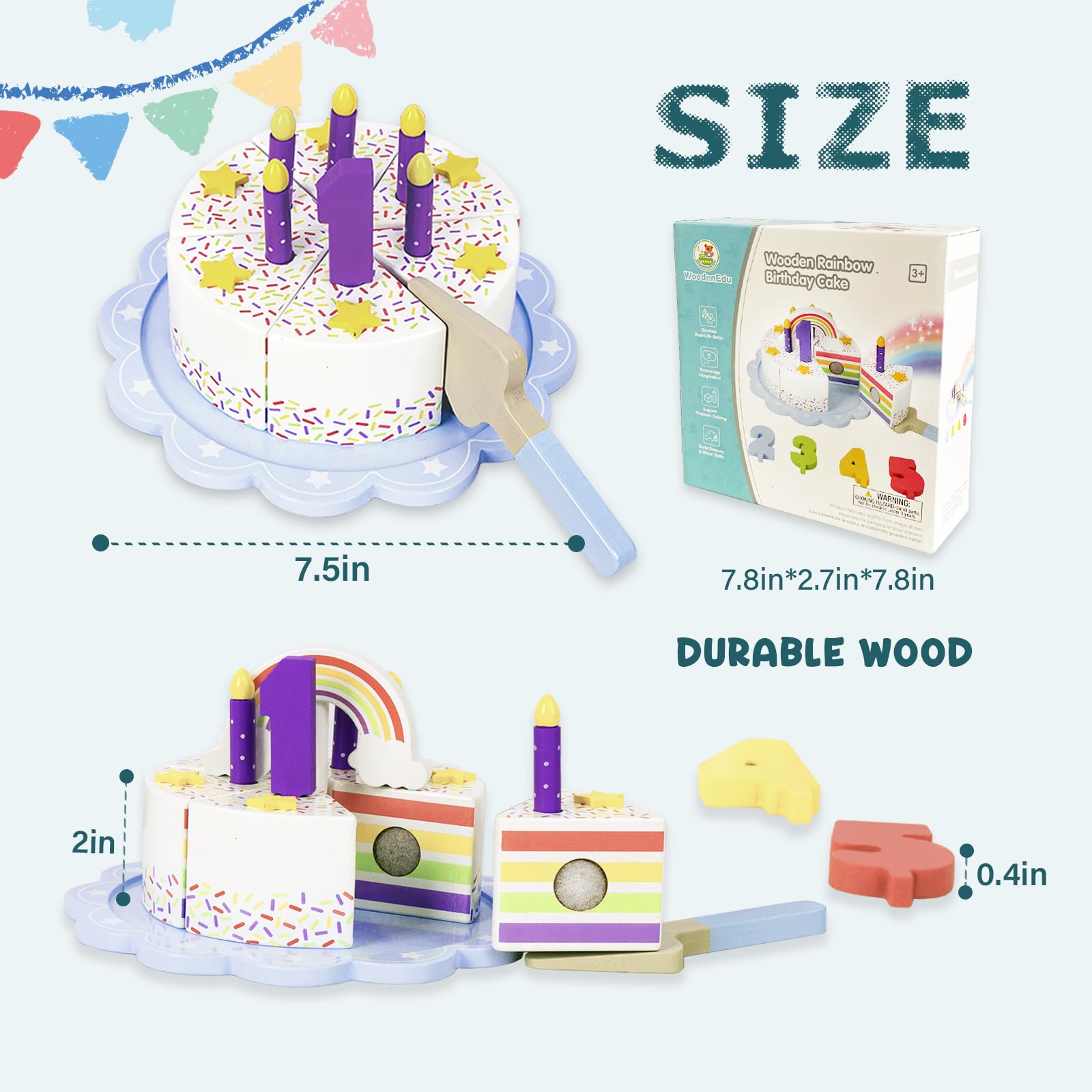 Pretend Play Food for Toddlers 1-3,Wooden Birthday Fake Cake with Candles and Numbers,Tea Party Learning Kitchen Gift Toys for Boys Girls (Rainbow Cake)