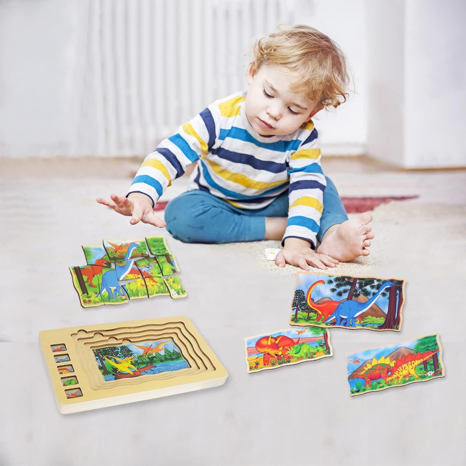 Wooden Dinosaur Puzzles for Kids Ages 3-5,4 Packs Jigsaw Puzzles Preschool Educational Brain Teaser Boards Toys Montessori Toys for 3 Years Old and Up