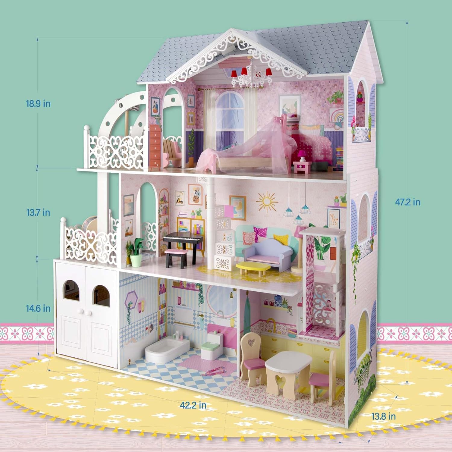 Wooden Dollhouse with Furniture for Kids Girls, Toy Gift for 3 4 5 6 Years Old