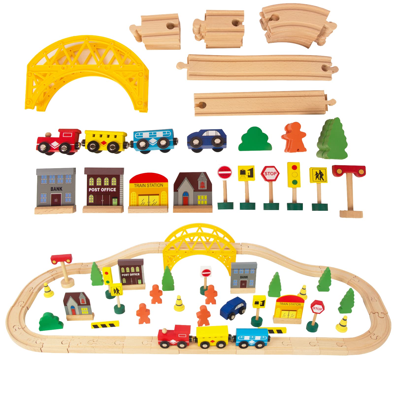 60Pcs Train Set for 3 Year Old Boys, Double-Side Wooden Train Set Tracks for Toddlers, Fits Brio, Thomas, Melissa and Doug, Kids Wood Train Toys for 3 4 5 Year Old Boys and Girls (Yellow)