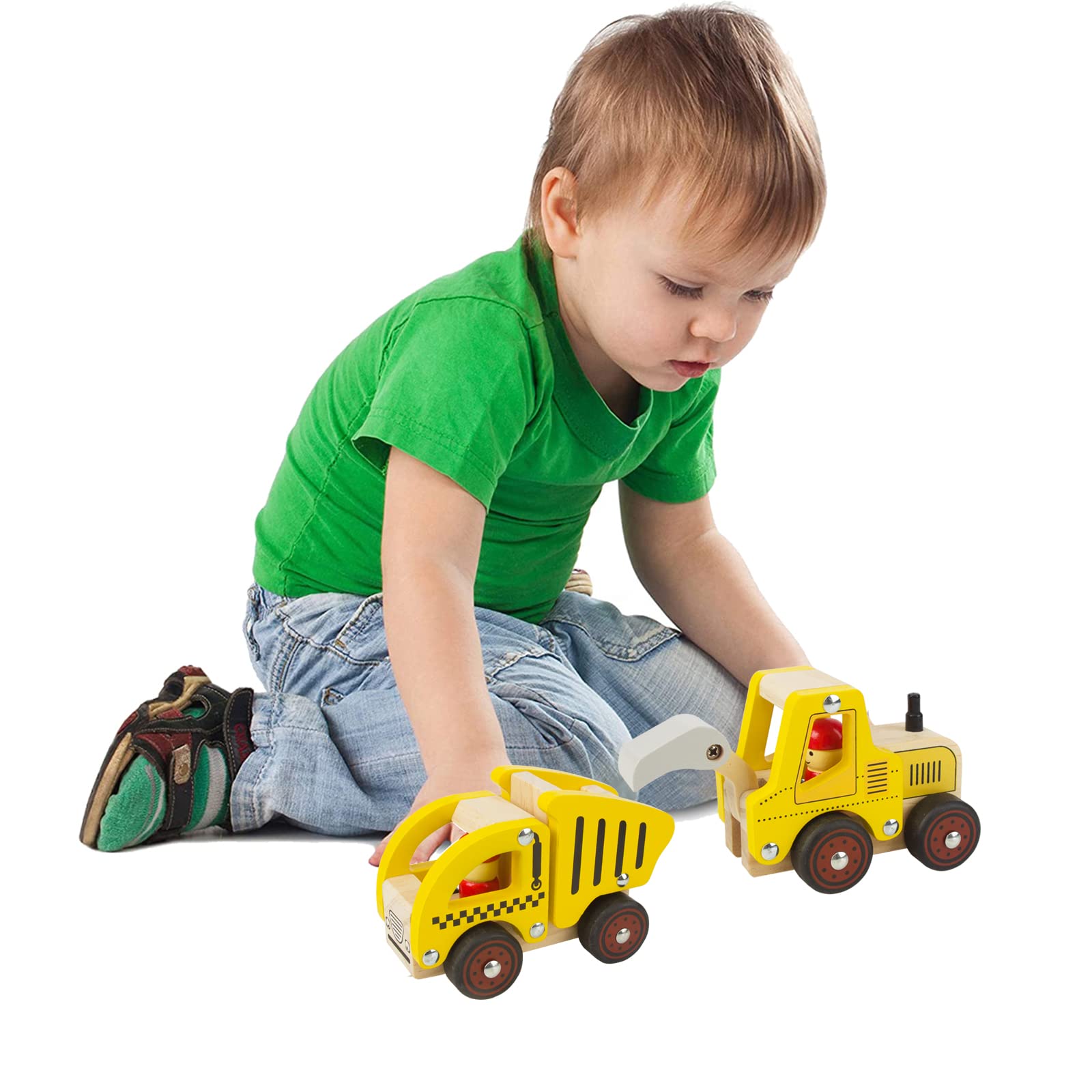 Wooden Push Car Toys for Infants 12-18 Months, 2 Pcs Baby Vehicle Toys Hand Push Car Toys for 1 2 Year Old Boys Girls (Cement Truck + Road Roller car)