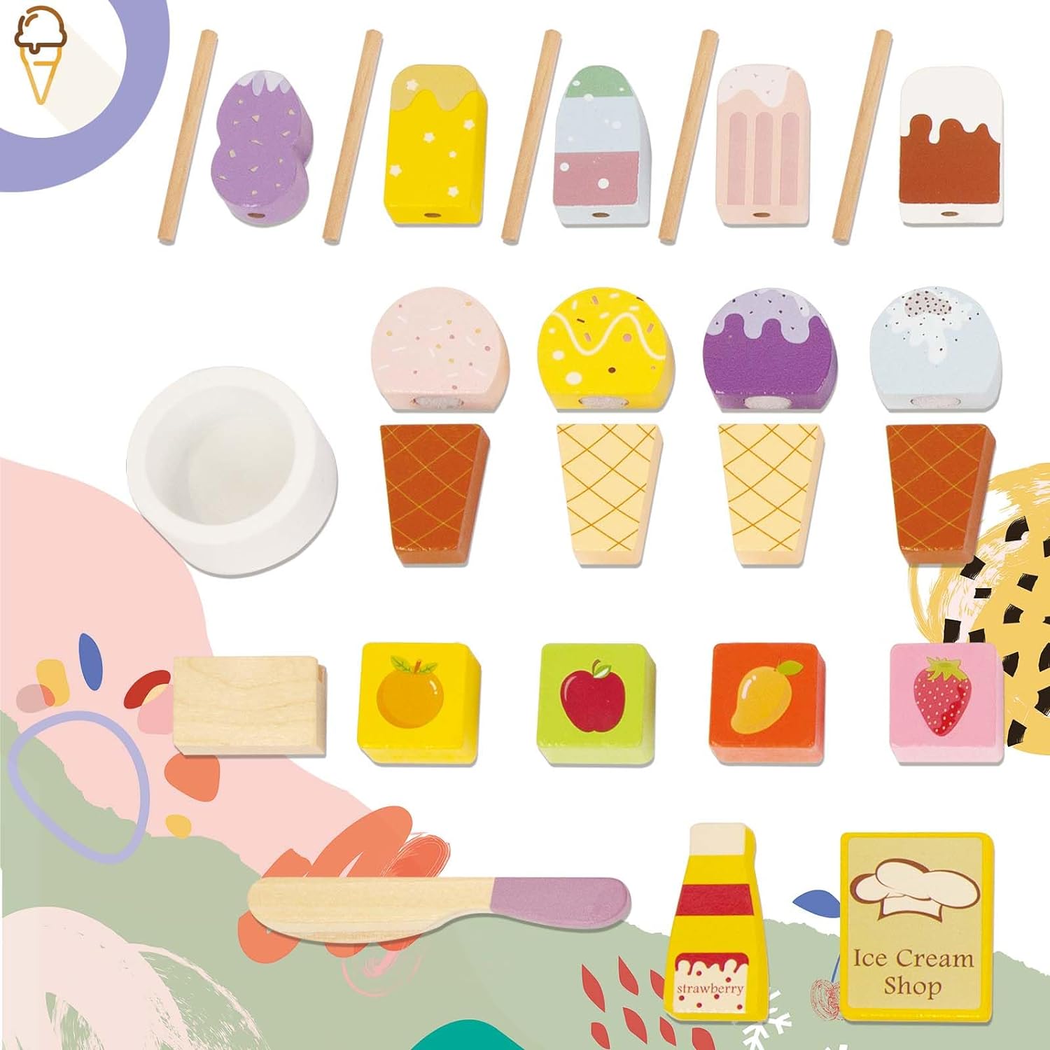 Pretend Play Ice Cream Set for Toddlers, Wooden Toy Food Kitchen Accessories for Kids, Sweet Treats Ice Cream Gifts for Boys Girls 3 Year Old