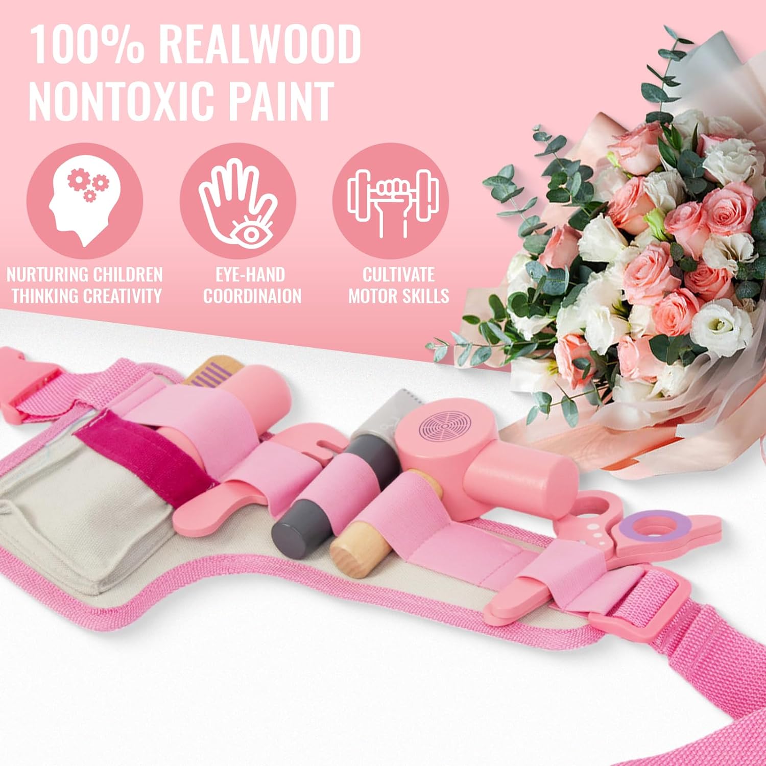 Wooden Hair Salon Toys for Girls, Pretend Play Beauty Salon Set with Realistic Accessories, Blow Dryer, Straightener, Tool Belt and Styling Accessories