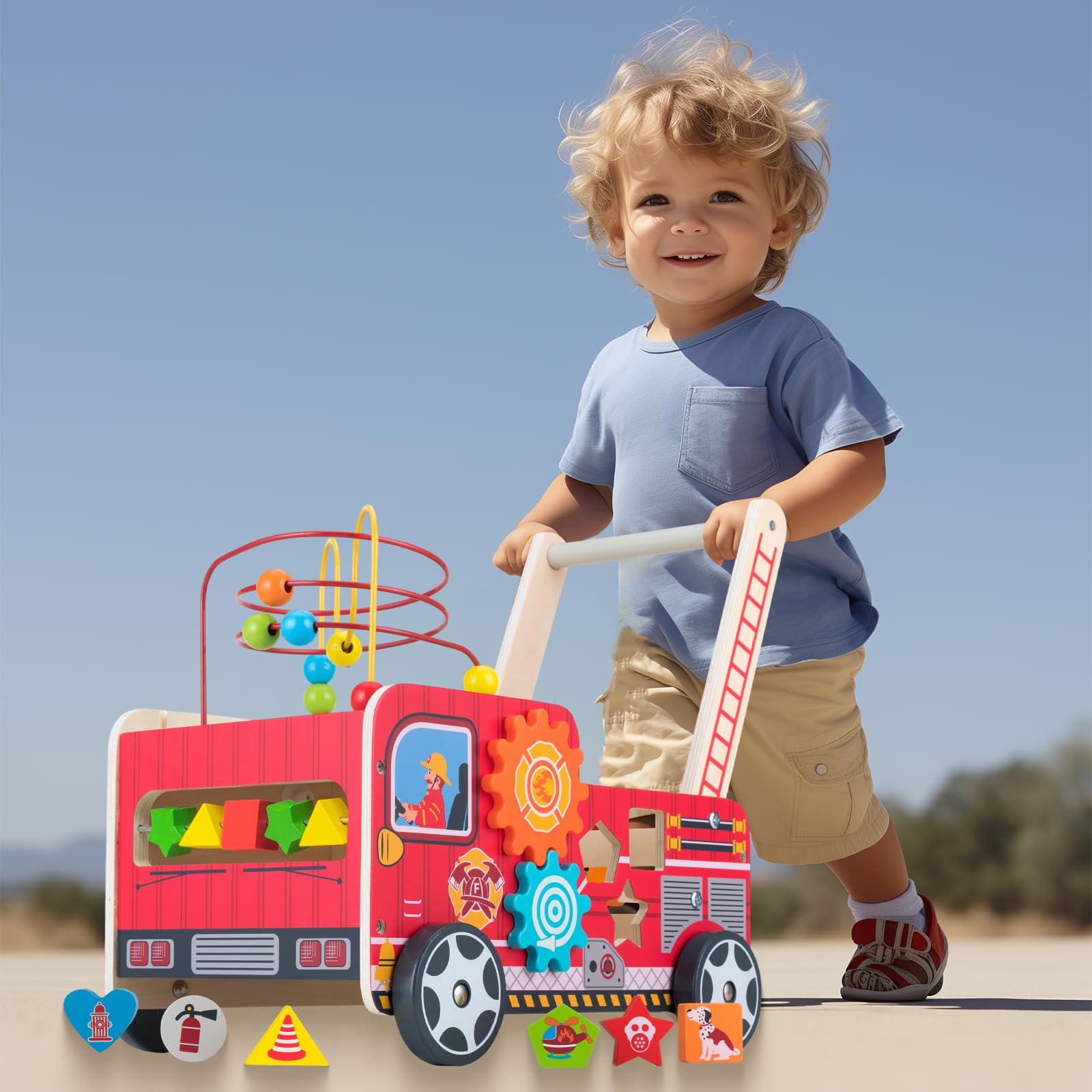 Wooden Baby Walker with Bead Maze for 1 Year Old and up, Wooden Push Toy for 12 Month, Wooden Cart with Blocks