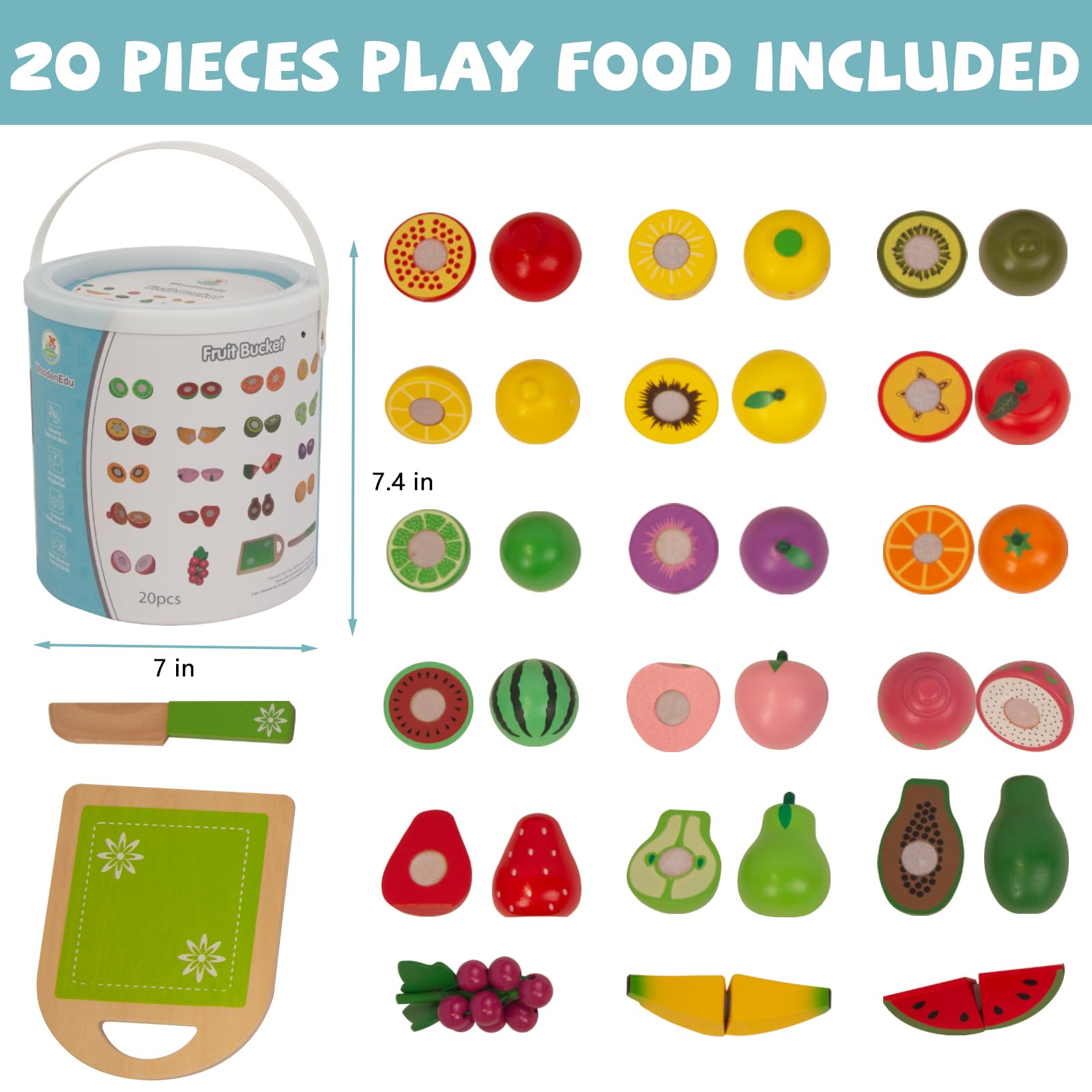 Wooden Play Food for Kids Kitchen, 38PCS Cutting Fruits Toys for Toddlers Pretend Vegetables Gift for Boys Girls Educational Toys (Fruit Bucket)