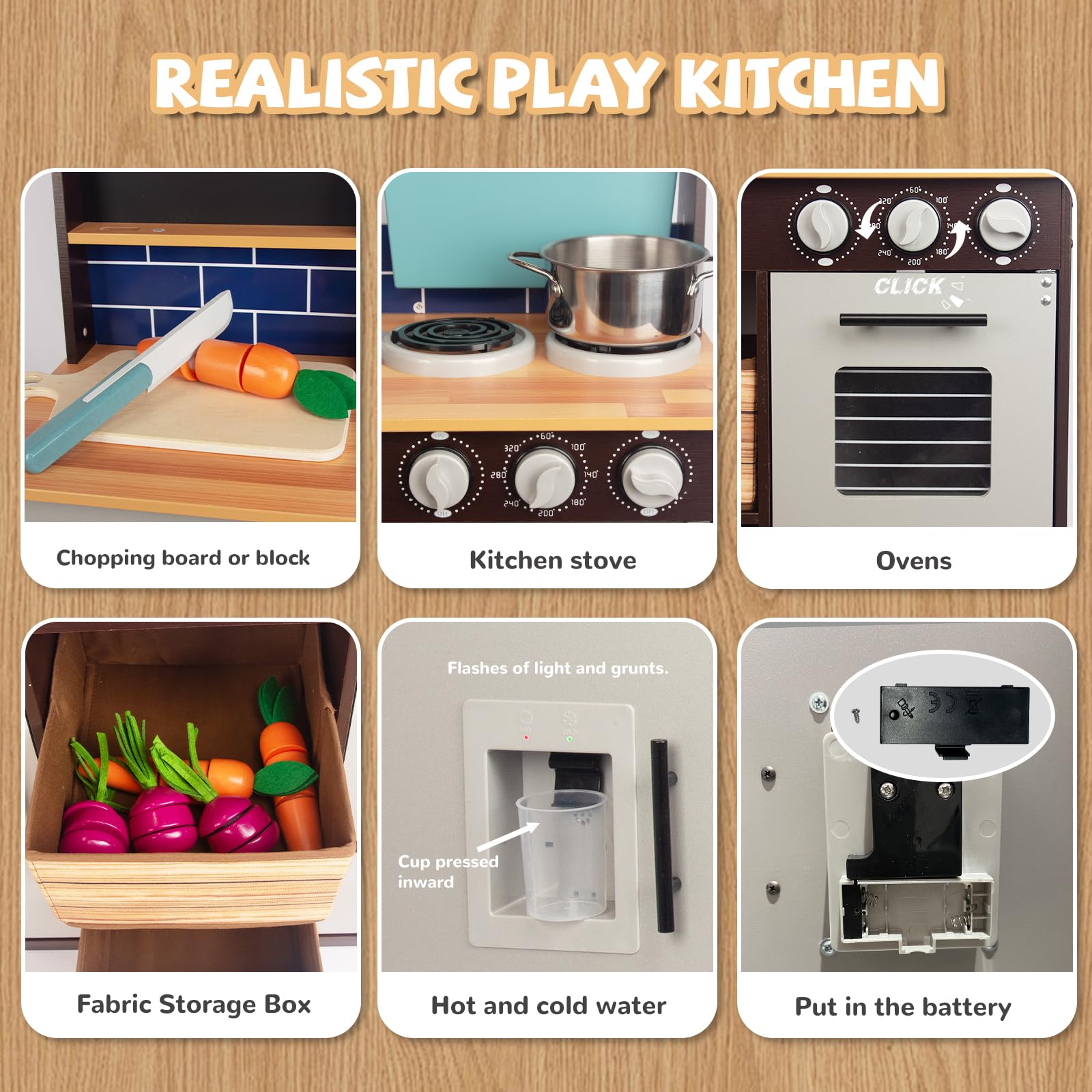 Kitchen Playset for Kids Ages 3-8, Wooden Pretend Play Kitchen with Cooking Accessories and Cutting Play Food, Including Oven, Stove, Faucet, and Sink, Dimensions: 38” H x 29” W x 12” D