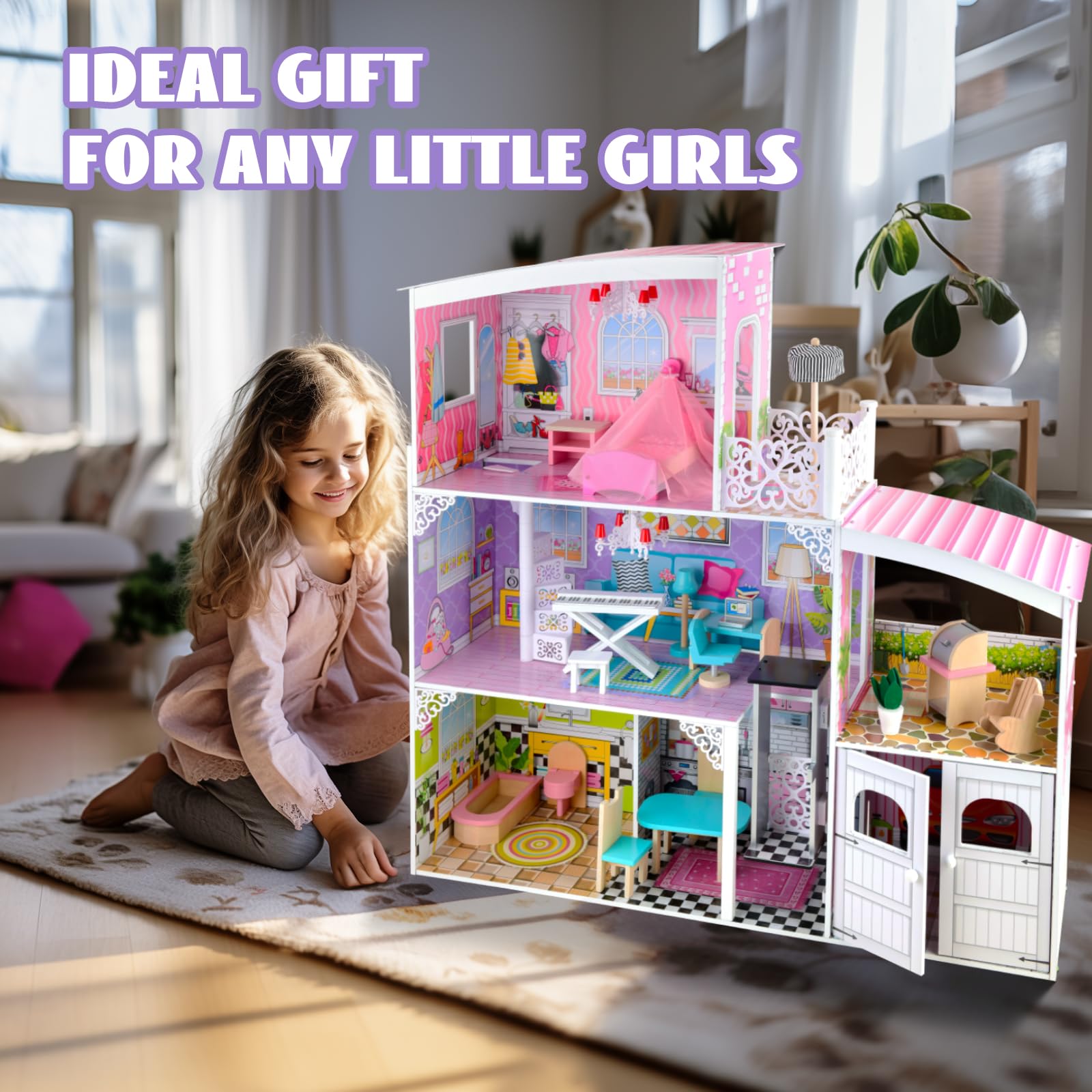 Wooden Dollhouse with Furniture for Kids Girls, Toys for 3 4 5 6 Years Old (Style 2)