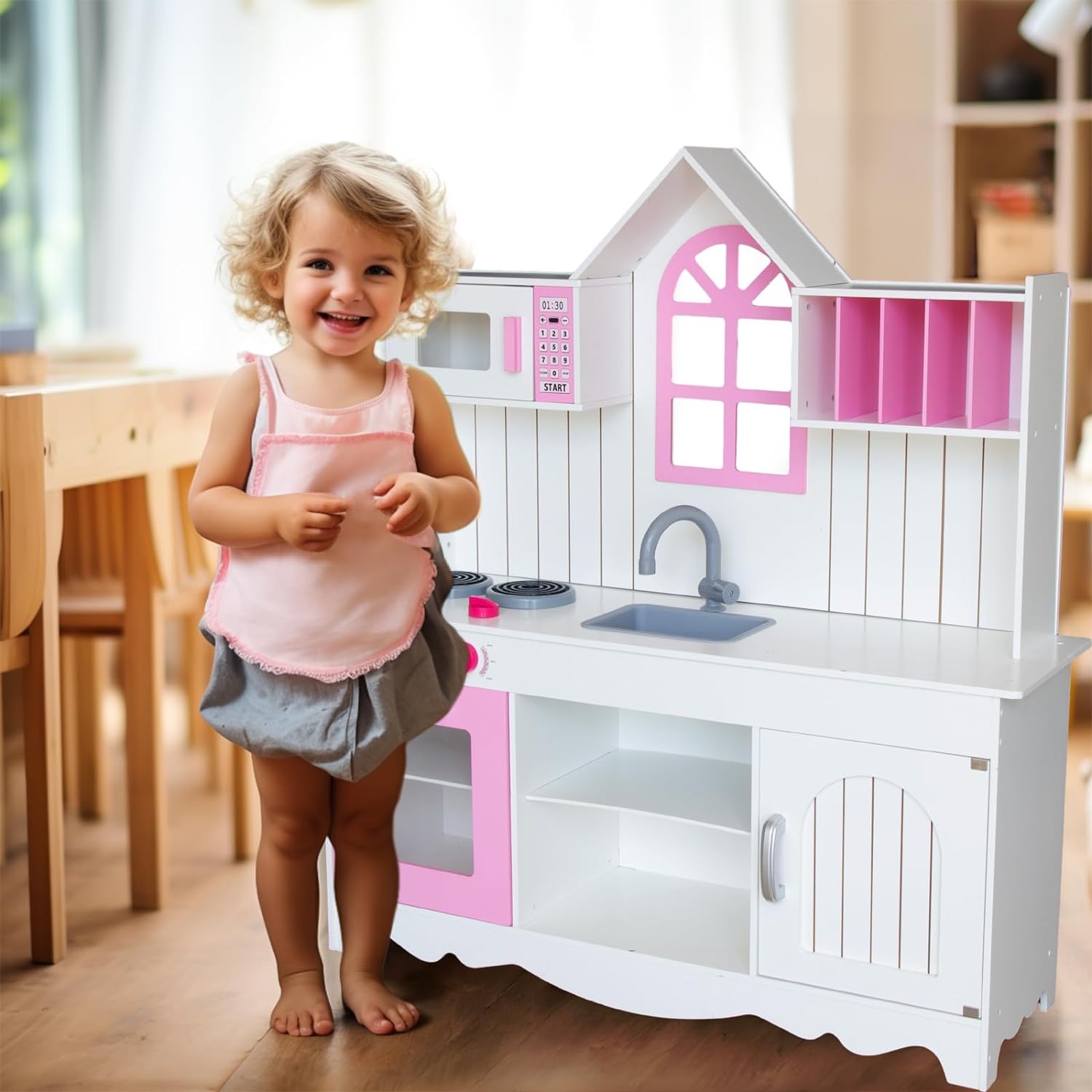 Play Kitchen for Kids 3-8, Wooden Kids Play Kitchen Playset Chef Prete