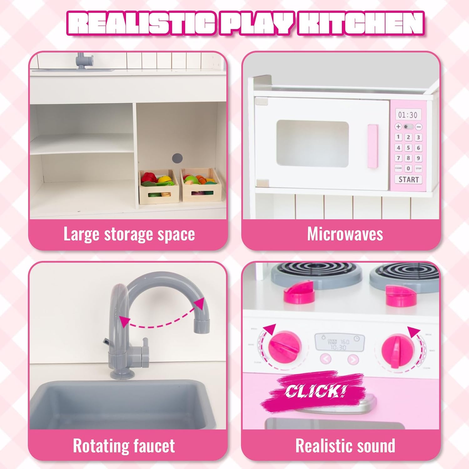 Play Kitchen for Kids 3-8, Wooden Kids Play Kitchen Playset Chef Pretend Play Set for Toddlers w, Toys Kitchen Gifts for Boys Girls (Large Pink Kitchen)