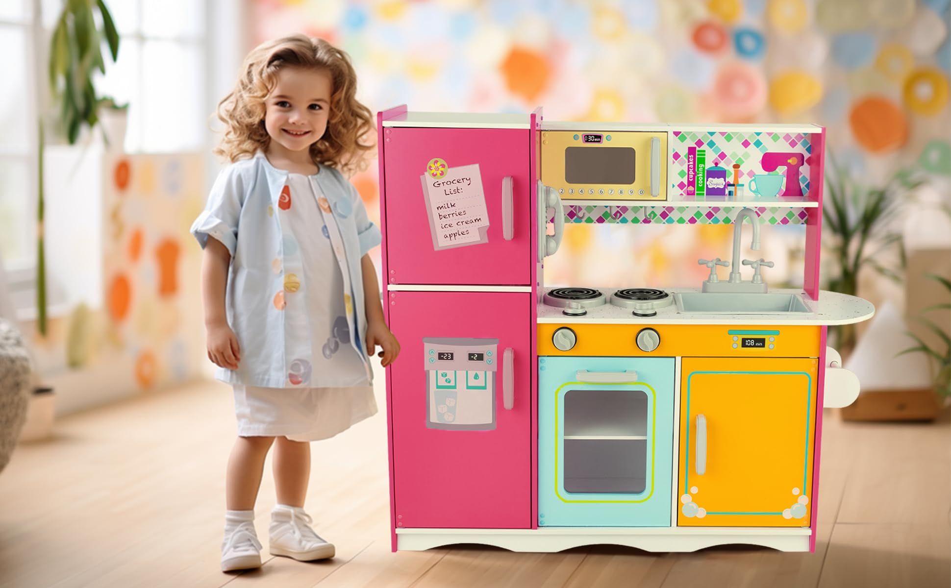 Kitchen Playset for Kids Ages 3-8, Wooden Pretend Play Kitchen, Incloud Telephone, Ice Maker, Refrigerator, Dimensions: 35” H x 31” W x 12” D (Multicolored)