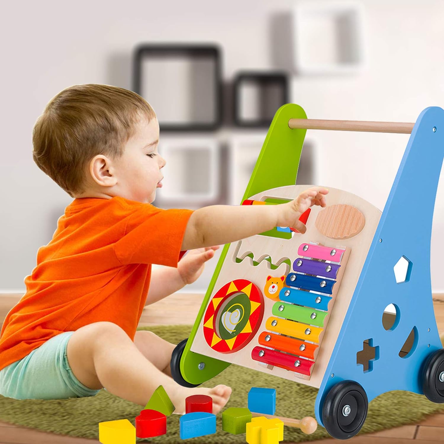 Wooden Baby Push Walkers for 1 Year Old Boys Girls, Push and Pull Learning Activity Center with Xylophone Shape Sorter Montessori Toys