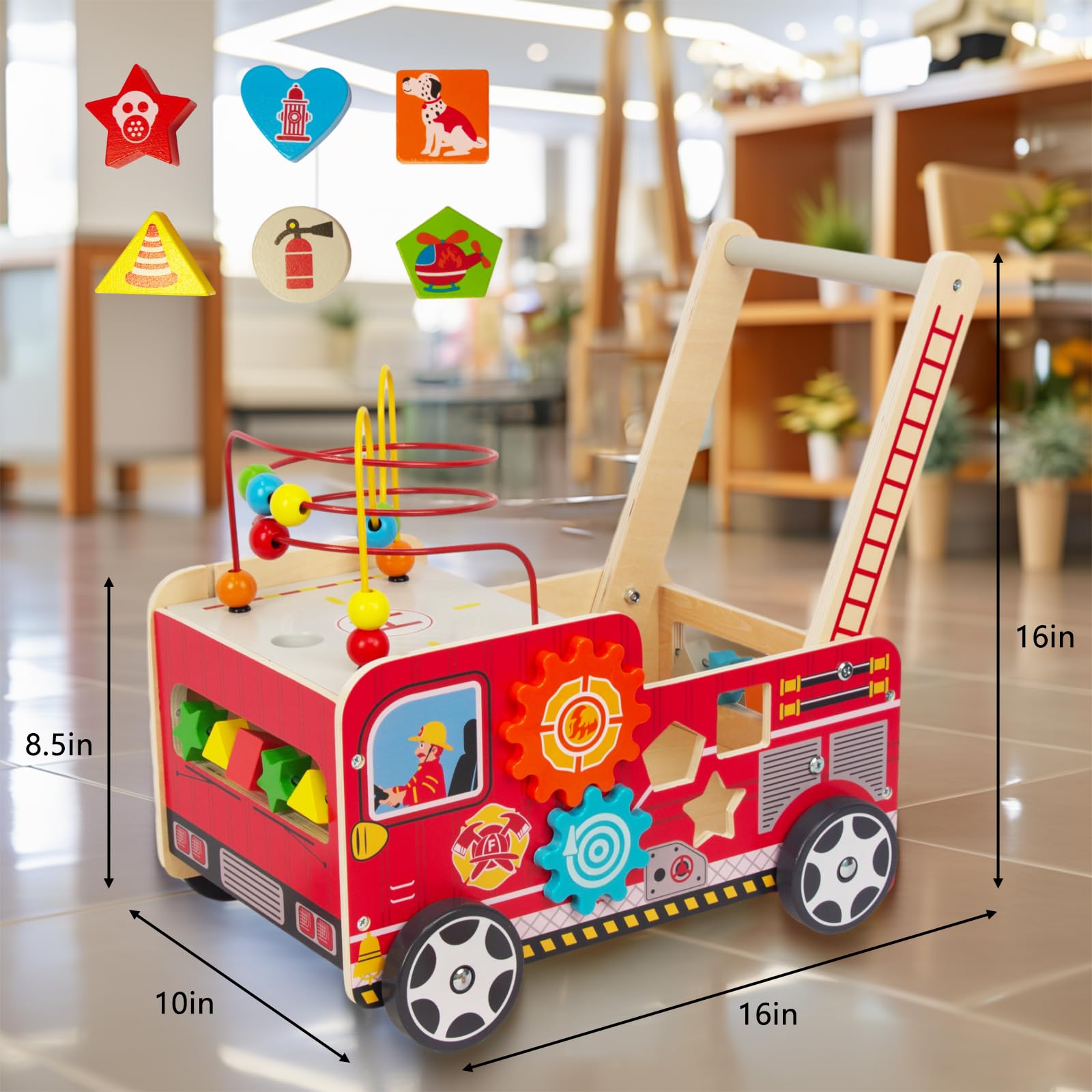 Wooden Baby Walker with Bead Maze for 1 Year Old and up, Wooden Push Toy for 12 Month, Wooden Cart with Blocks