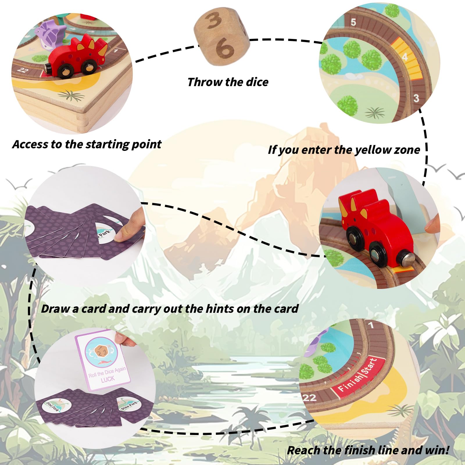 Wooden Train Set Toys for Toddlers, Wooden Dinosaur Train Set for Kids Age 3+, Portable Durable Train Chess Toys for Travel with 3 Trains 5 Dinosaurs for Kids