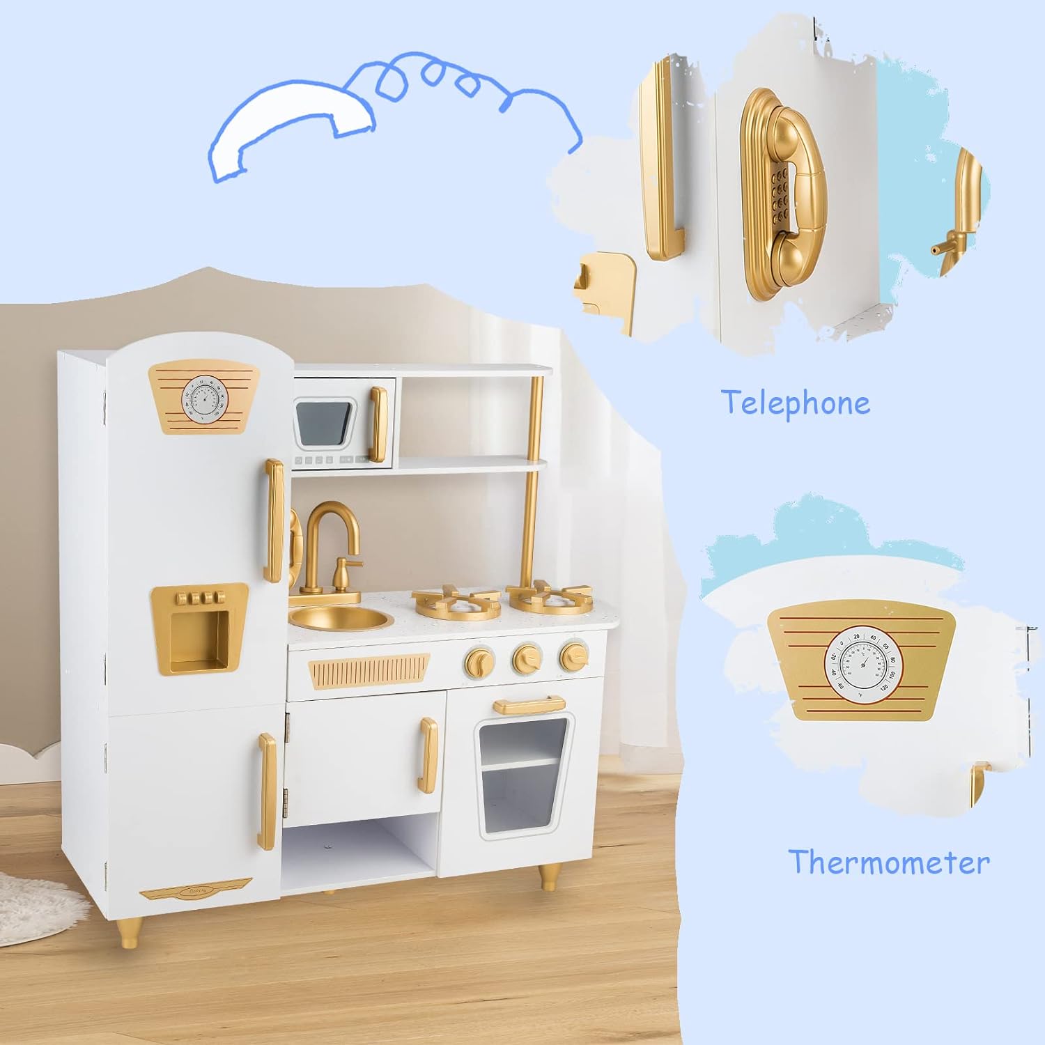 Kitchen Playset for Kids Ages 3-8, Wooden Pretend Play Kitchen, Incloud Telephone, Ice Maker, Refrigerator, Dimensions: 35” H x 31” W x 12” D (White)