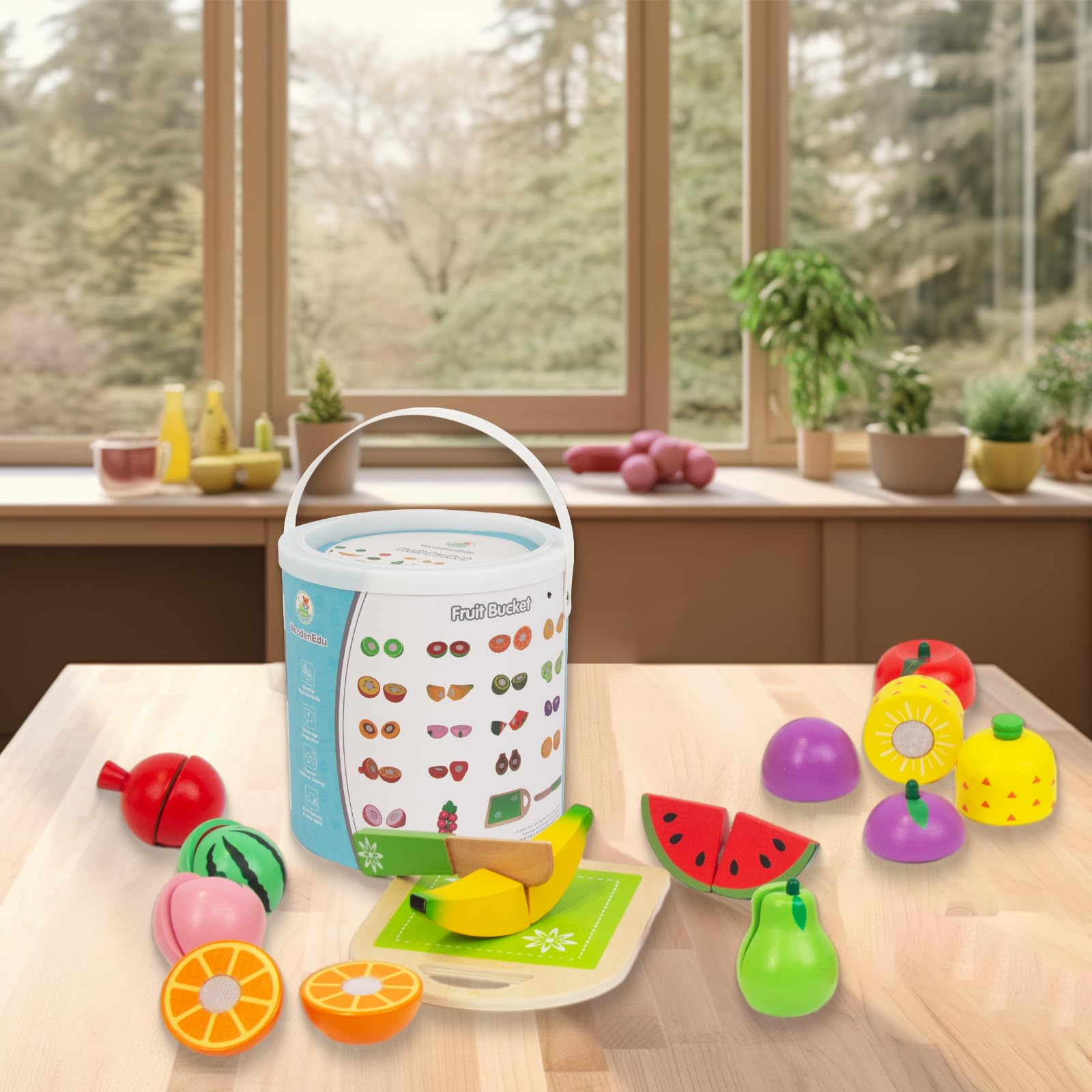 Wooden Play Food for Kids Kitchen, 38PCS Cutting Fruits Toys for Toddlers Pretend Vegetables Gift for Boys Girls Educational Toys (Fruit Bucket)