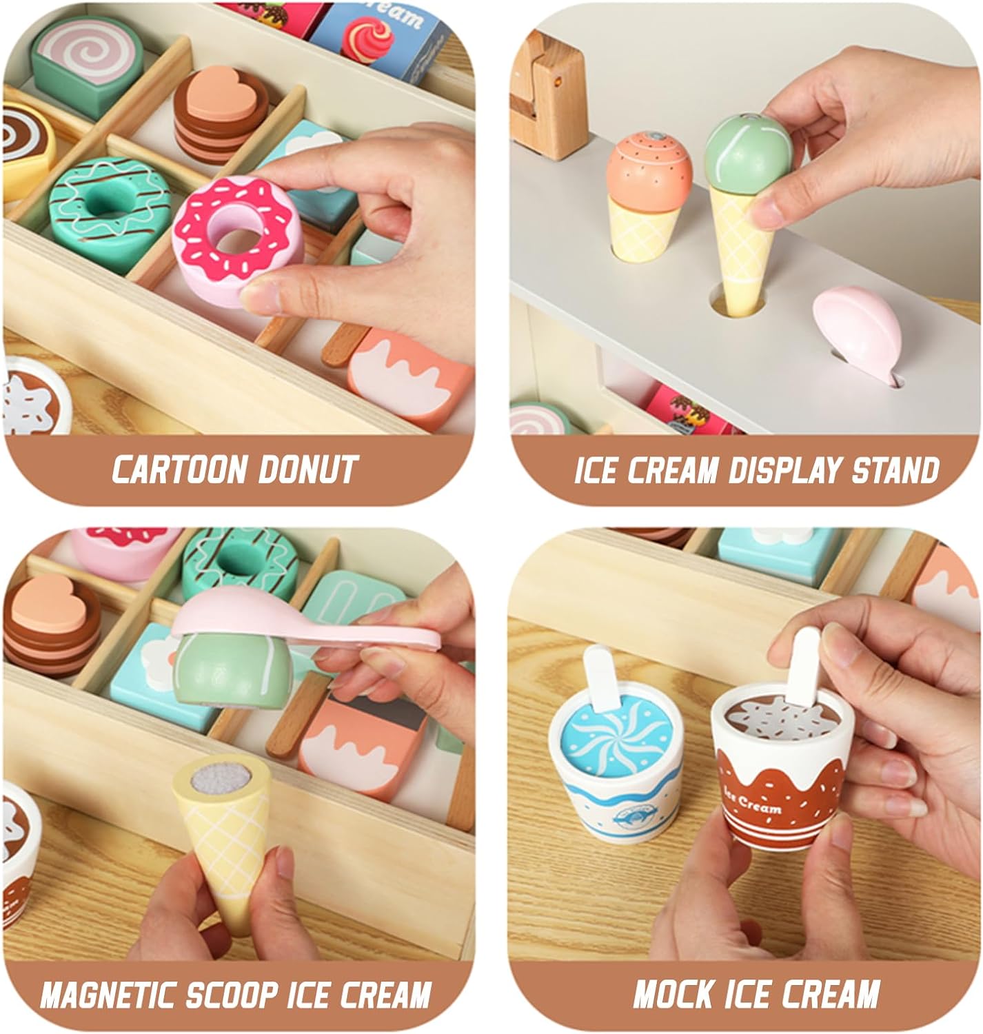 Ice Cream Counter Playset for Toddler Girl Toys, Wooden Popsicle Set Pretend Toy Food Play Kitchen Accessories with Scoop, Interactive Toys Birthday Gifts for 3 Year Old Up