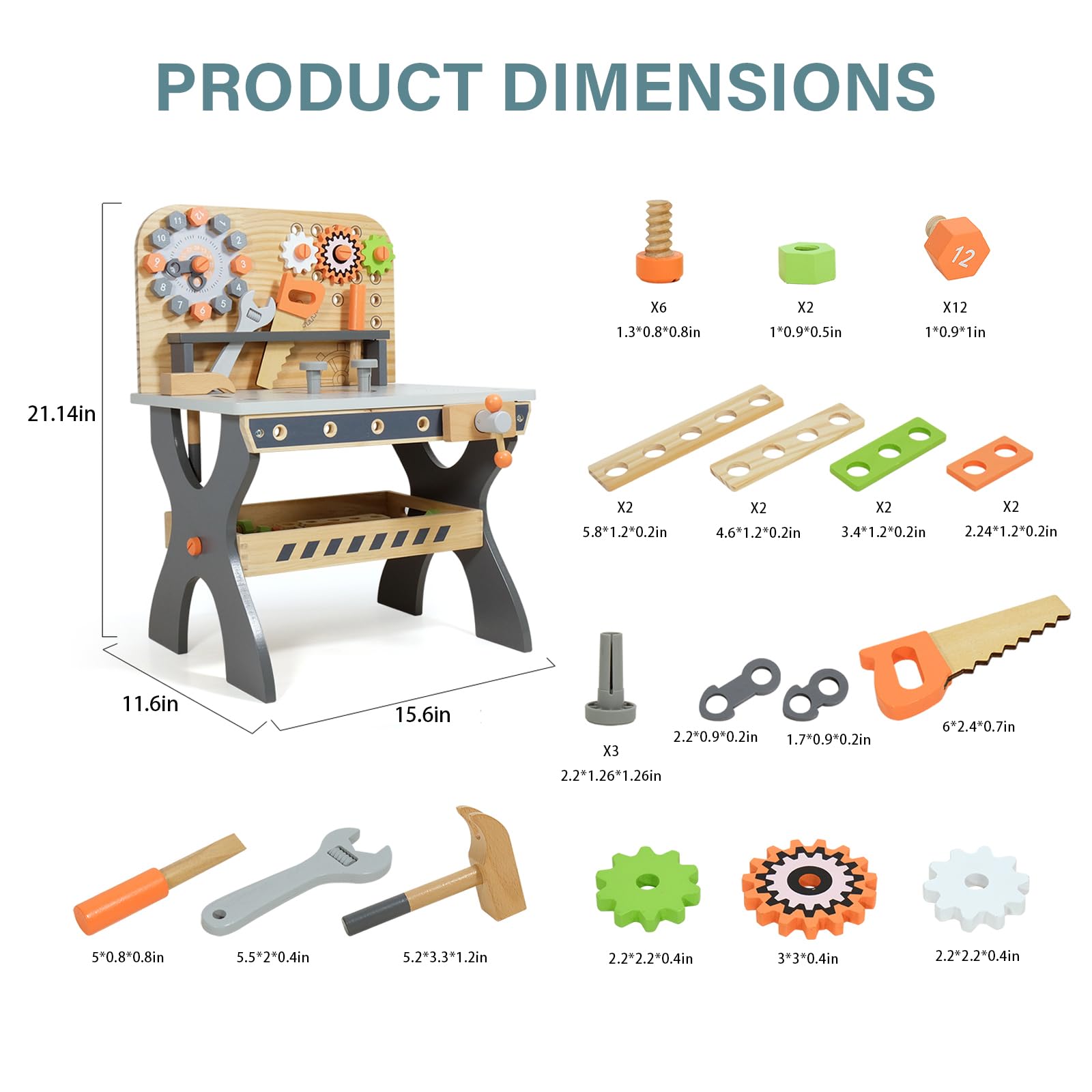 Wooden Tool Workbench for Kids,Pretend Play Tool Bench Workshop with Wrench, Screwdriver, Miter Saw and Hammer,Educational Gift for Age 3 and Up (Clock Bench)