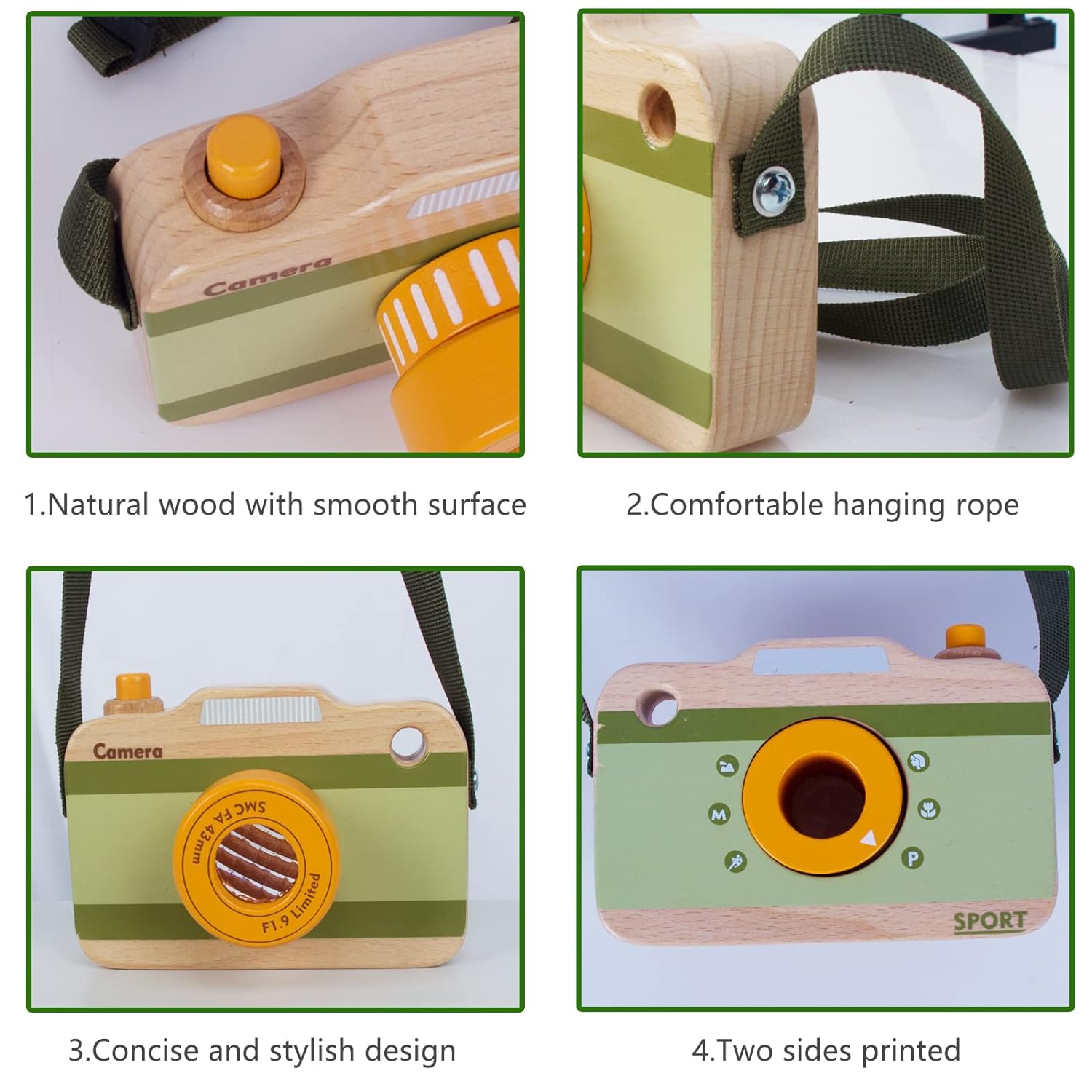 Wooden Mini Pretend Camera Toy for Toddlers 1 2 3 Years Old, Neck Hanging Photographed Props for Boys Girls Children Kids