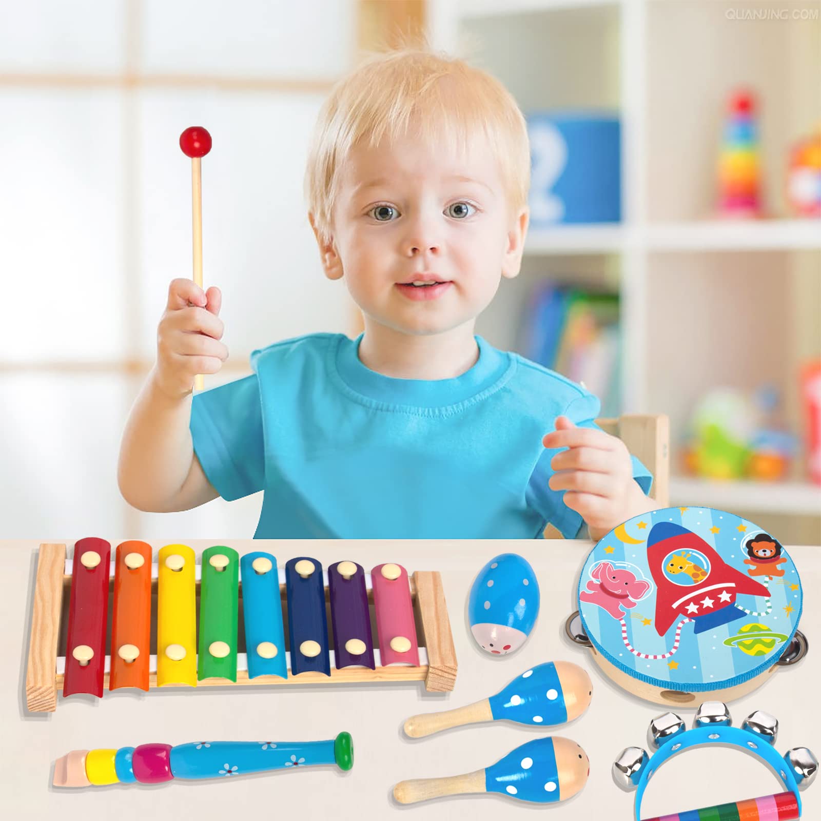 Wooden Musical Instruments Set for Toddlers 1-3, Natural Wood Percussion Instruments Xylophone Gift Set for Girls Boys Kids ,Preschool Educational Musical Toys with Storage Bag (Log Color)