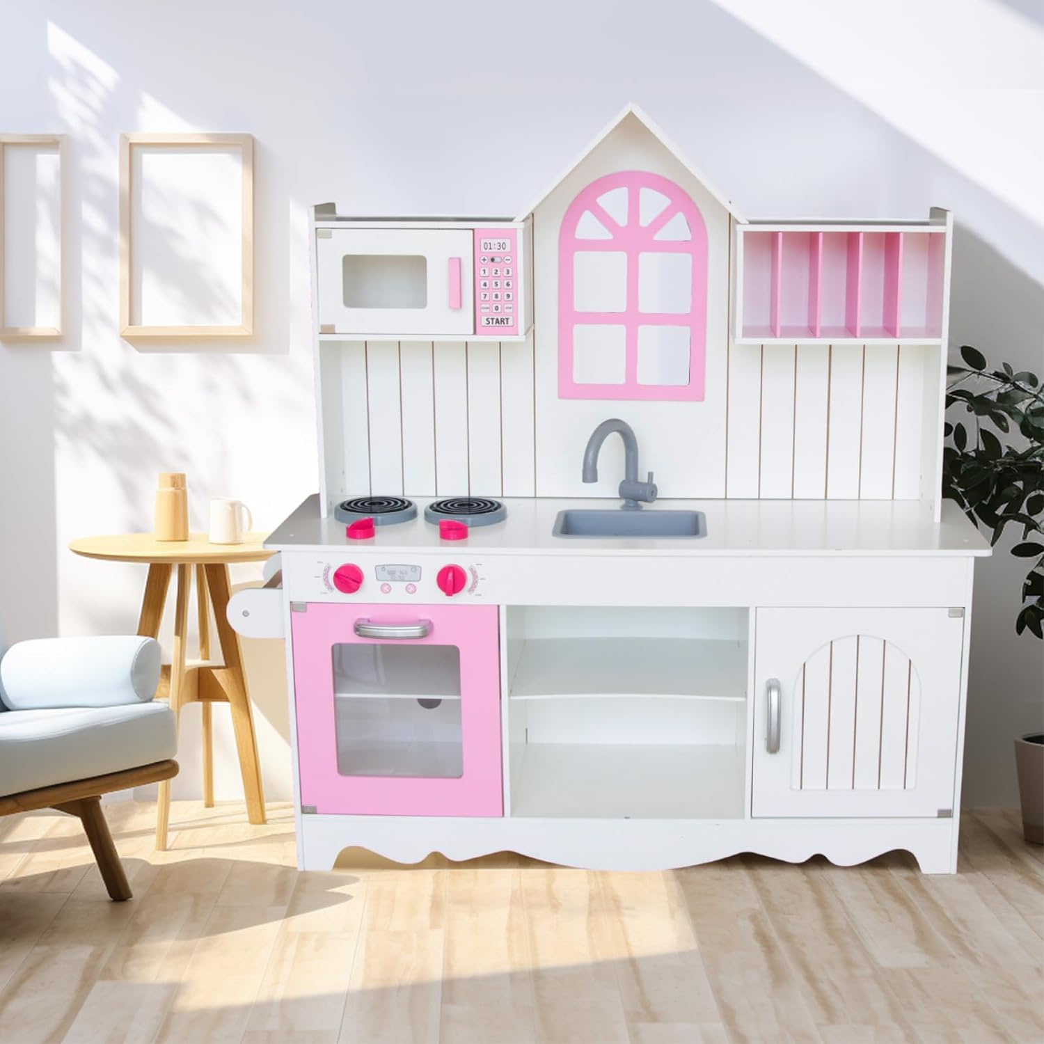 Play Kitchen for Kids 3-8, Wooden Kids Play Kitchen Playset Chef Pretend Play Set for Toddlers w, Toys Kitchen Gifts for Boys Girls (Large Pink Kitchen)