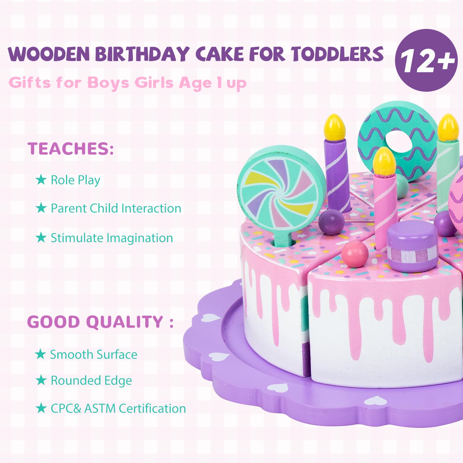 Pretend Play Food for Toddlers 1-3,Wooden Birthday Fake Cake with Candles and Numbers,Tea Party Learning Kitchen Gift Toys for Boys Girls (Rainbow Cake)