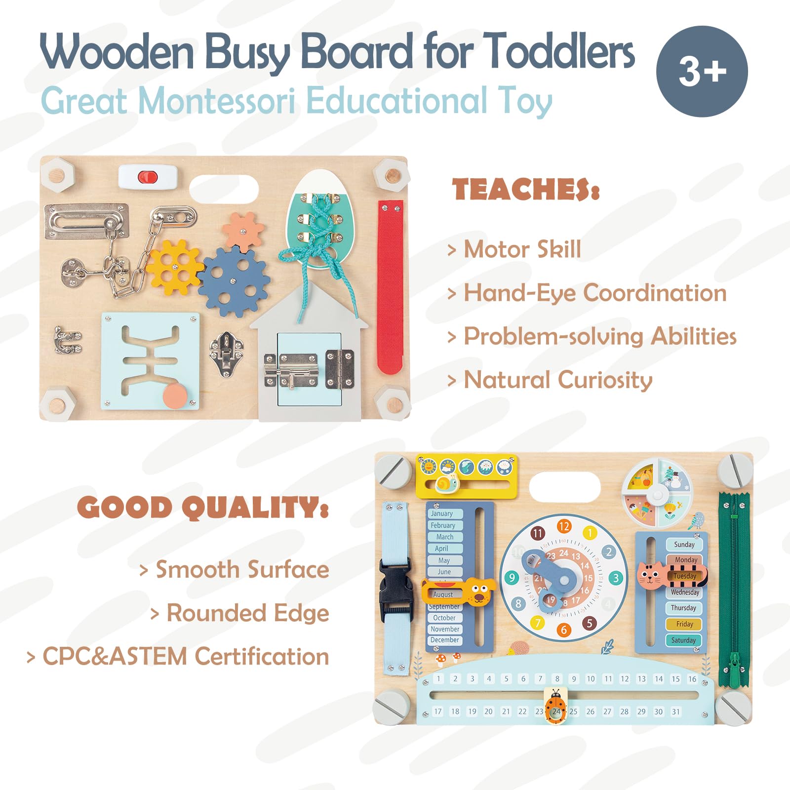Montessori Busy Board for Toddlers 1-3, Double-Sided Wooden Sensory Toys, Preschool Learning Activities for Fine Motor Skills Travel Toy for 1 2 3 Years Old Kids Boys Girls (Style 1)